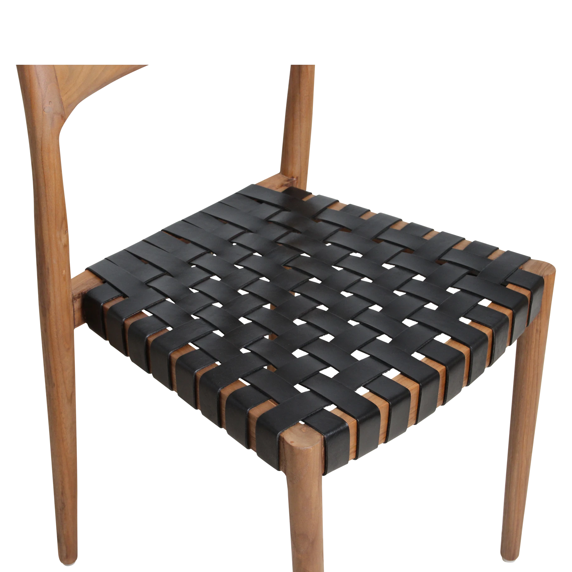 Kayu Living Freya dining chair with woven black leather seat and natural teak frame. Set of 2.