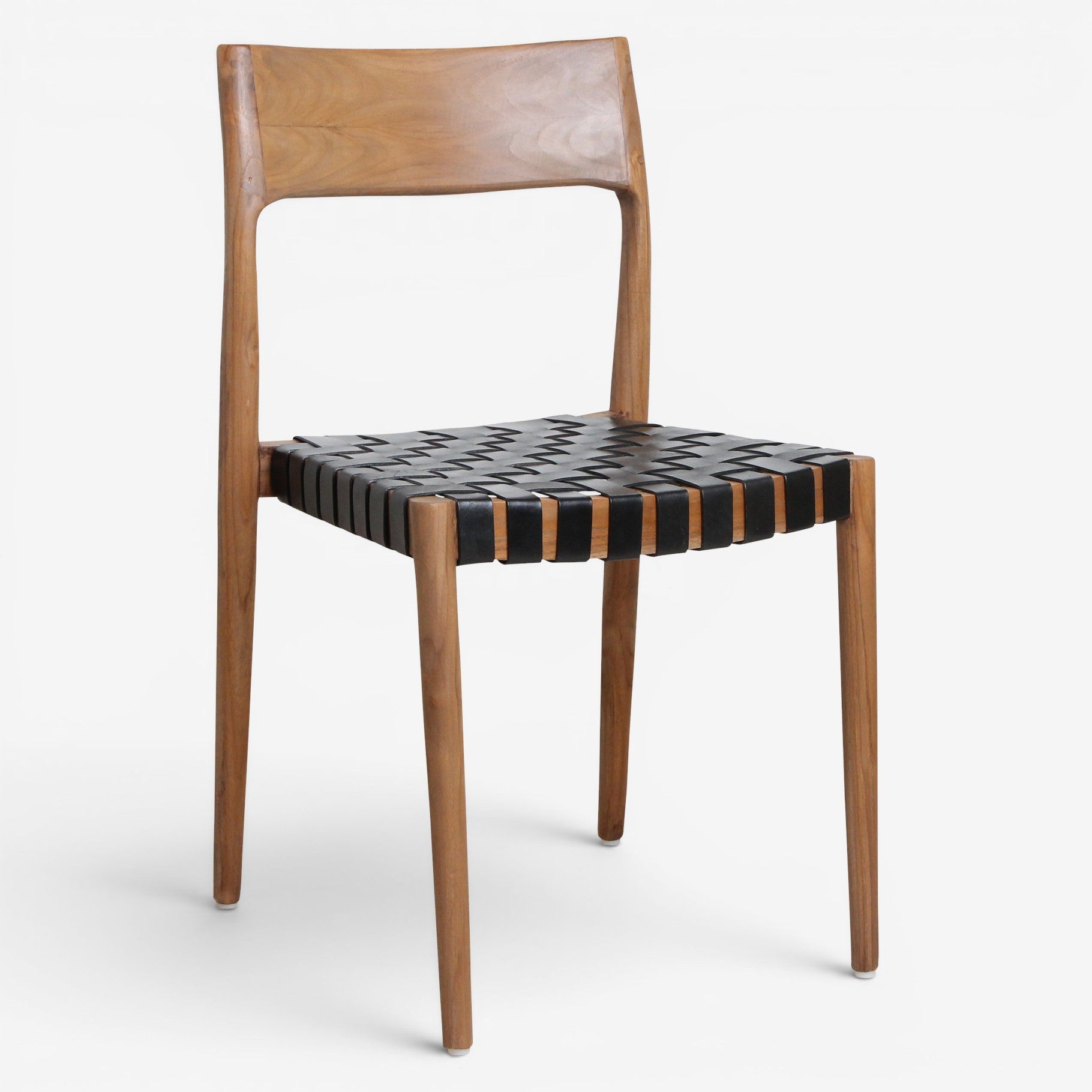 Kayu Living Freya dining chair with woven black leather seat and natural wood frame.