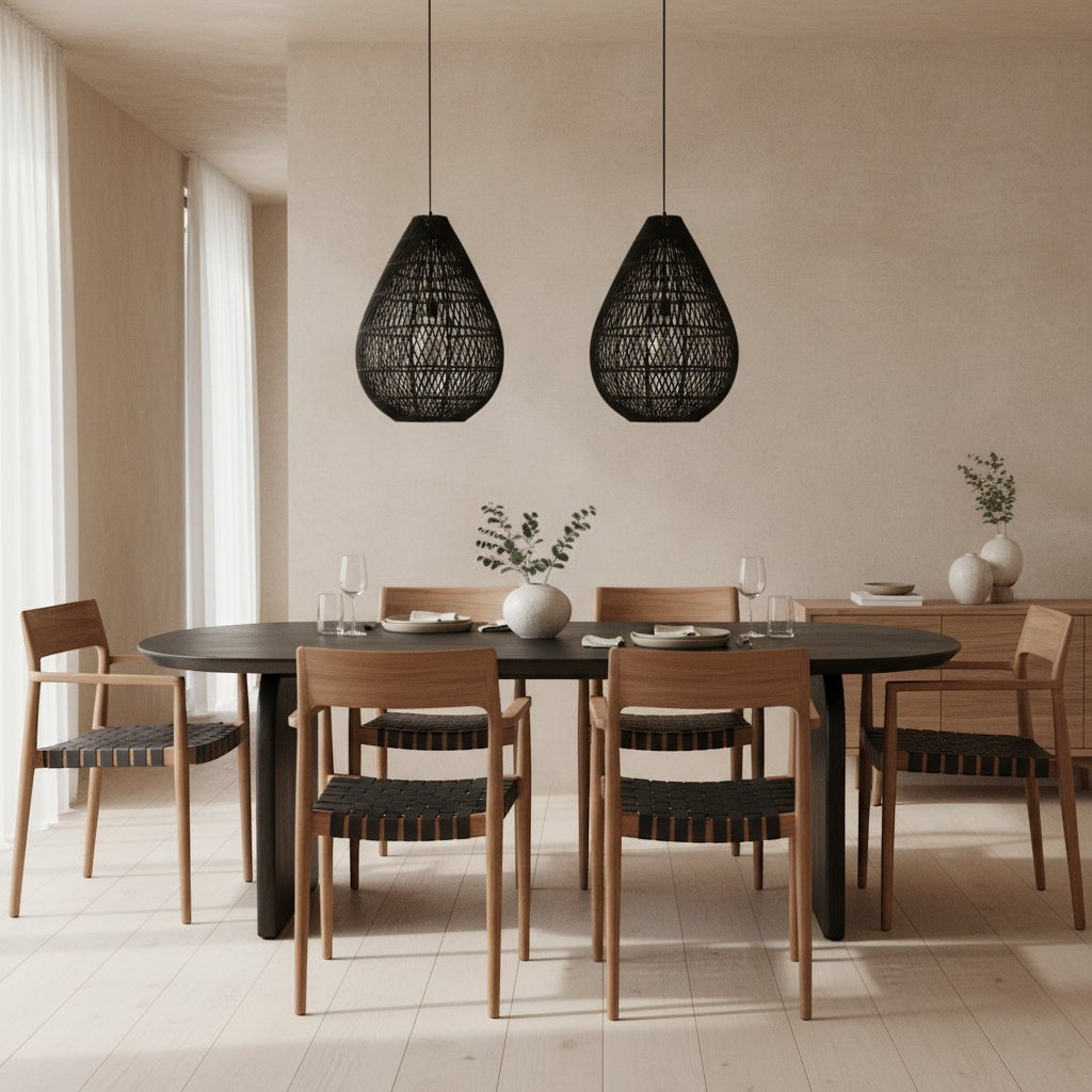 Kayu Living Freya dining chairs with armrests in black leather and natural wood frame. Set of 2.