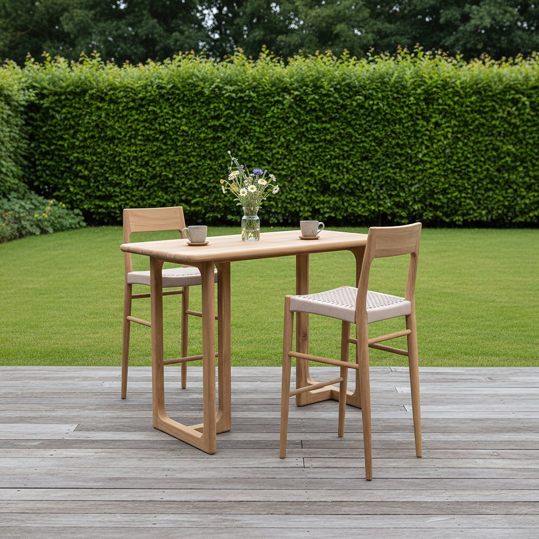Kayu Living Freya teak bar stools with beige woven rope seats on a wooden terrace with a matching table.