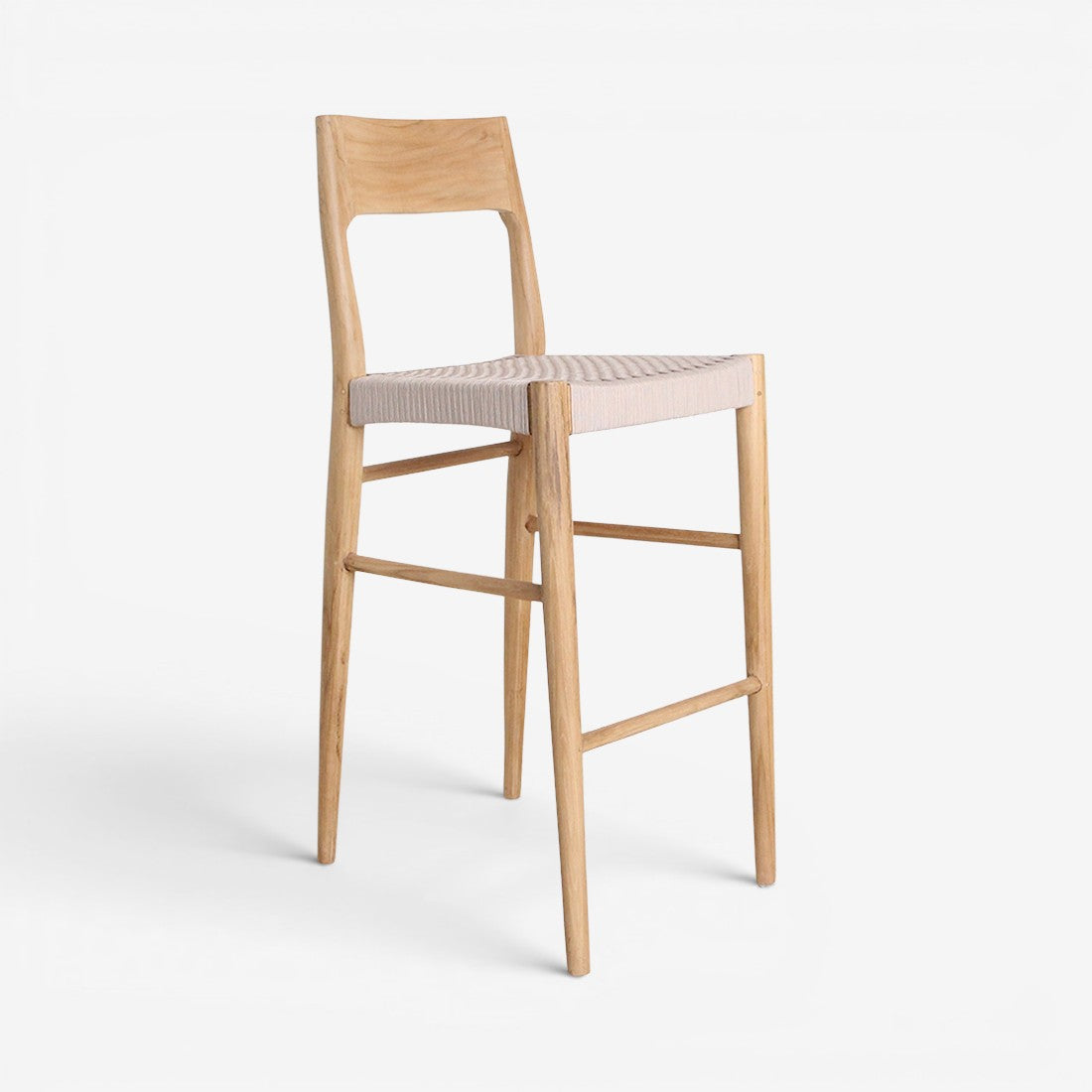 Kayu Living Freya bar stool made of solid teak wood with a beige woven synthetic rope seat and backrest.