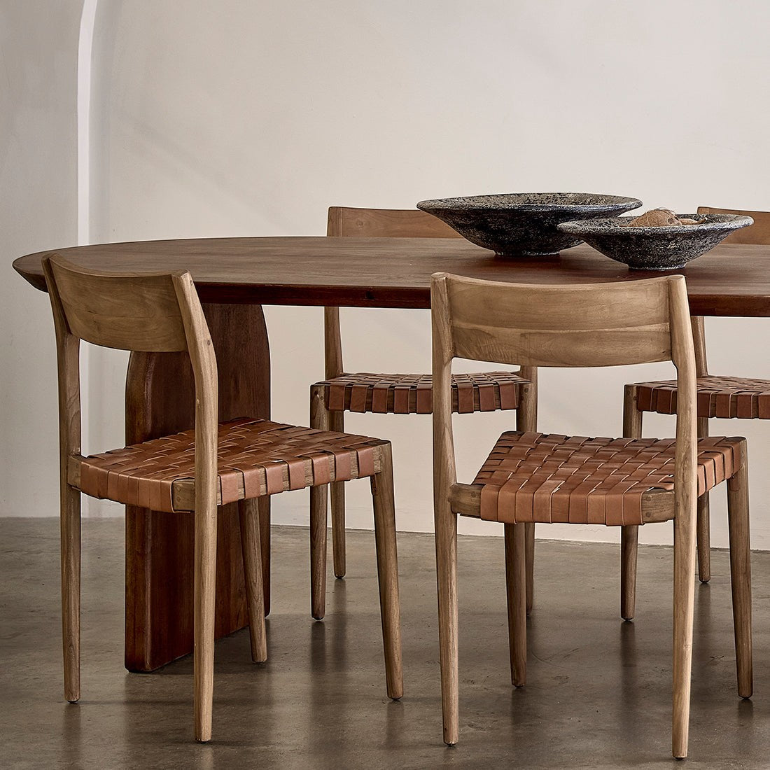 Kayu Living Freya teak dining chair with woven natural leather seat, set of 2. Industrial Scandinavian style.