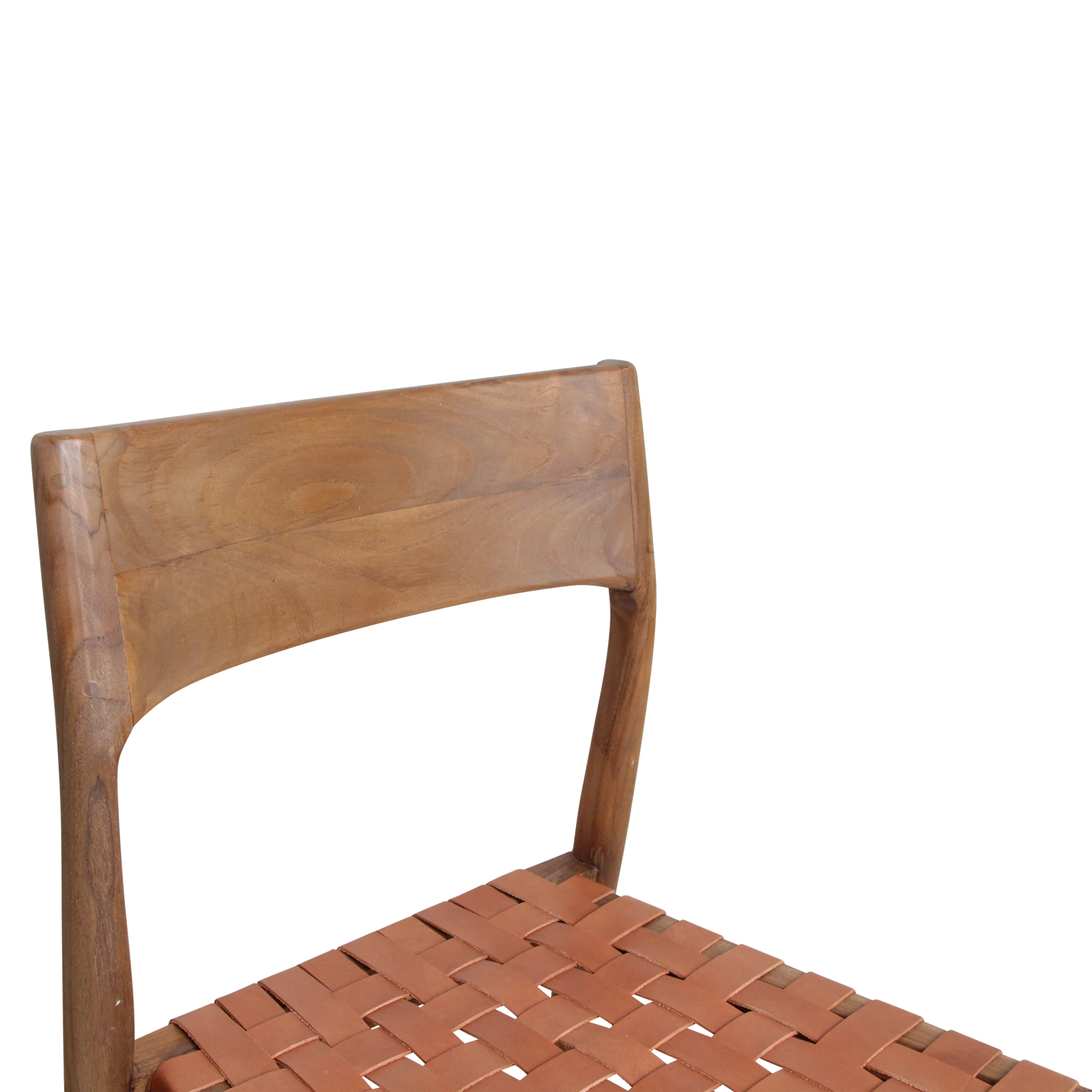 Kayu Living Freya teak dining chair with woven natural leather seat. Warm wood frame, industrial/Scandinavian style.