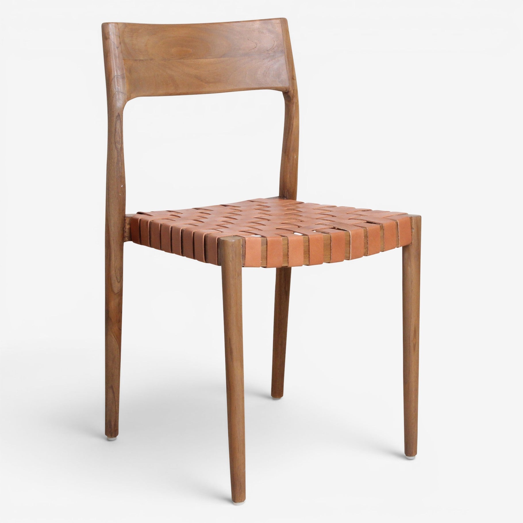 Kayu Living Freya teak dining chair with woven natural leather seat. Industrial Scandinavian style.