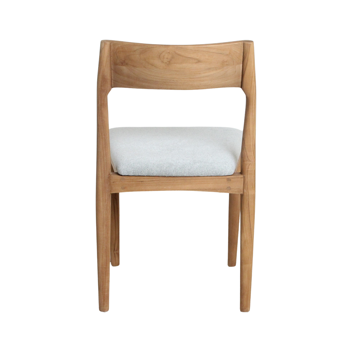 Kayu Living Freya teak dining chair with a light green fabric seat and natural wood finish, back view.