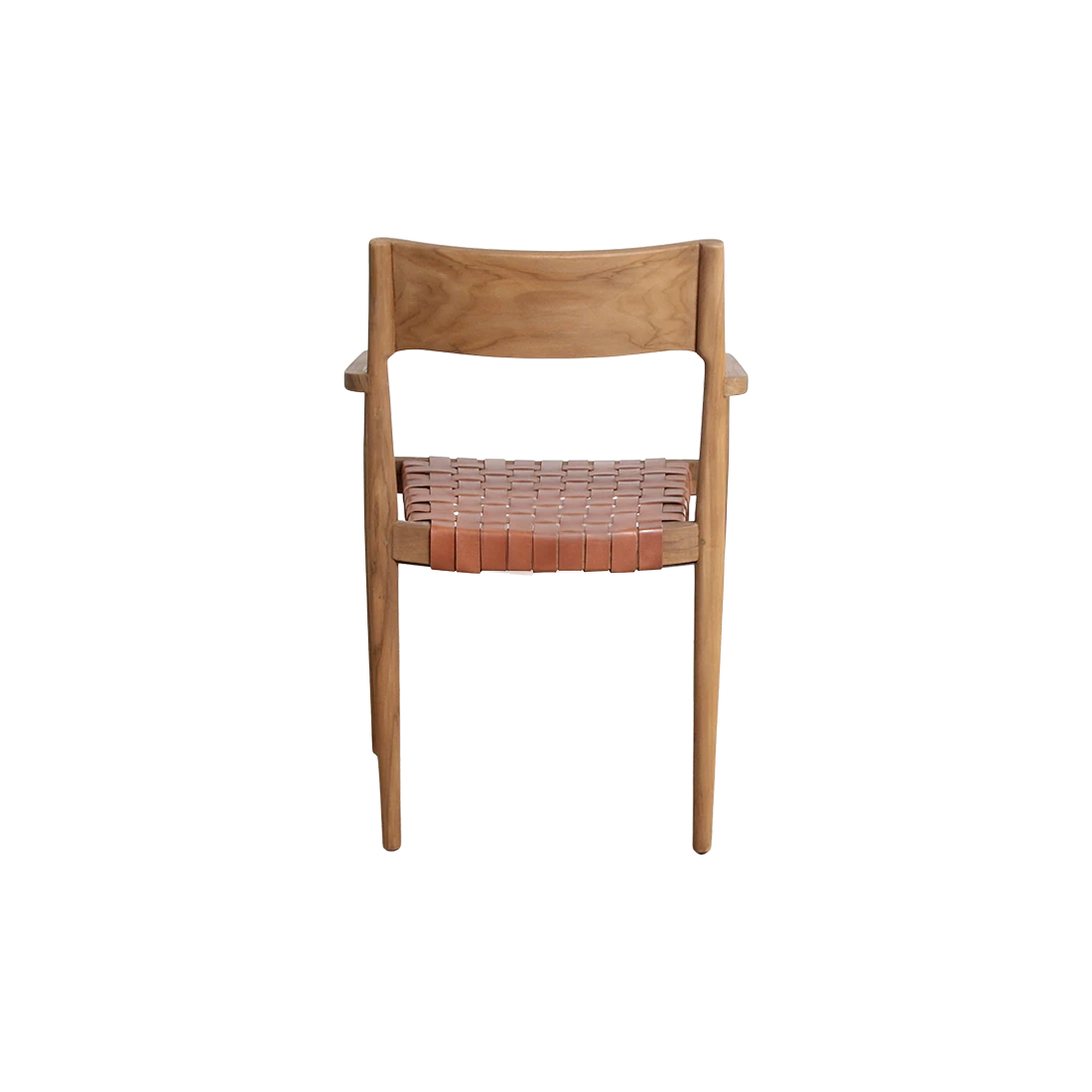 Kayu Living Freya teak dining chair with brown woven leather seat and armrests in a Scandinavian style.