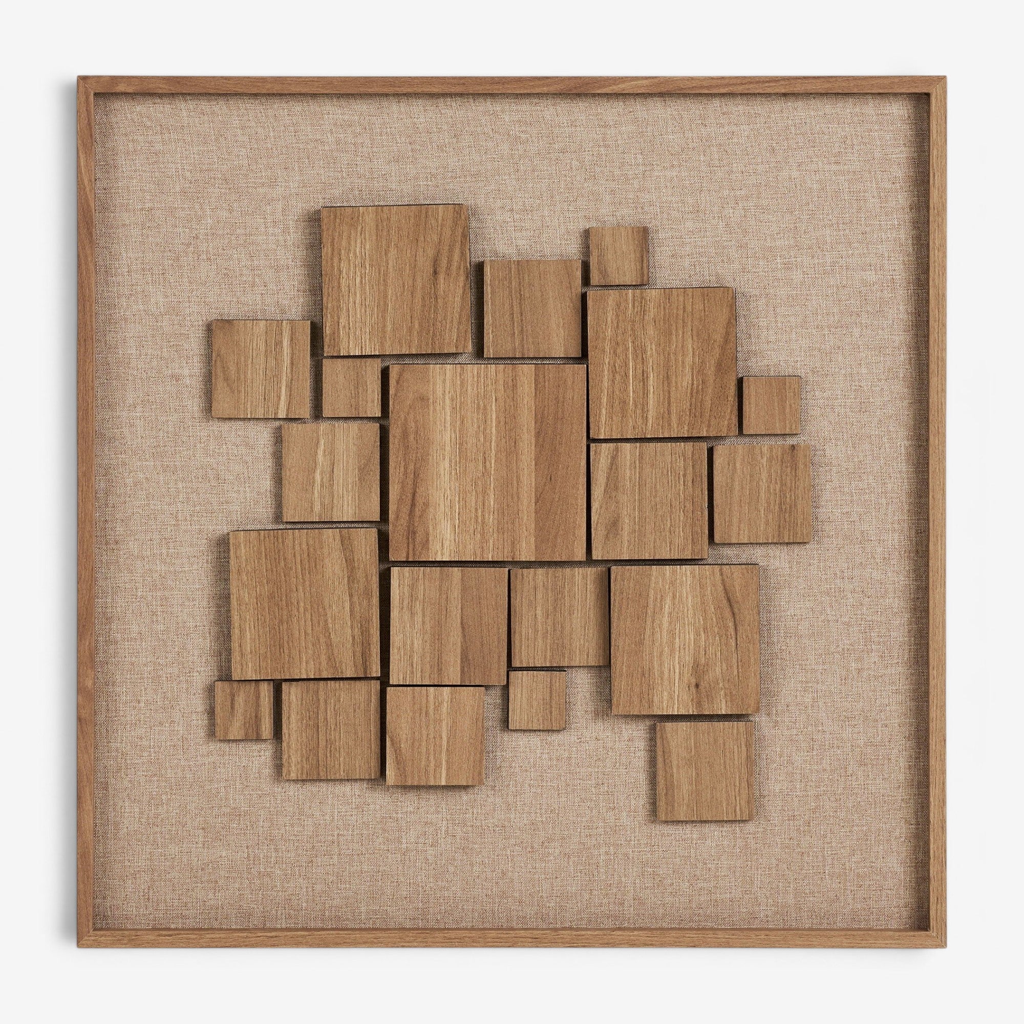 Kayu Living Gala brown relief wall art featuring layered wooden squares on a textured fabric background.