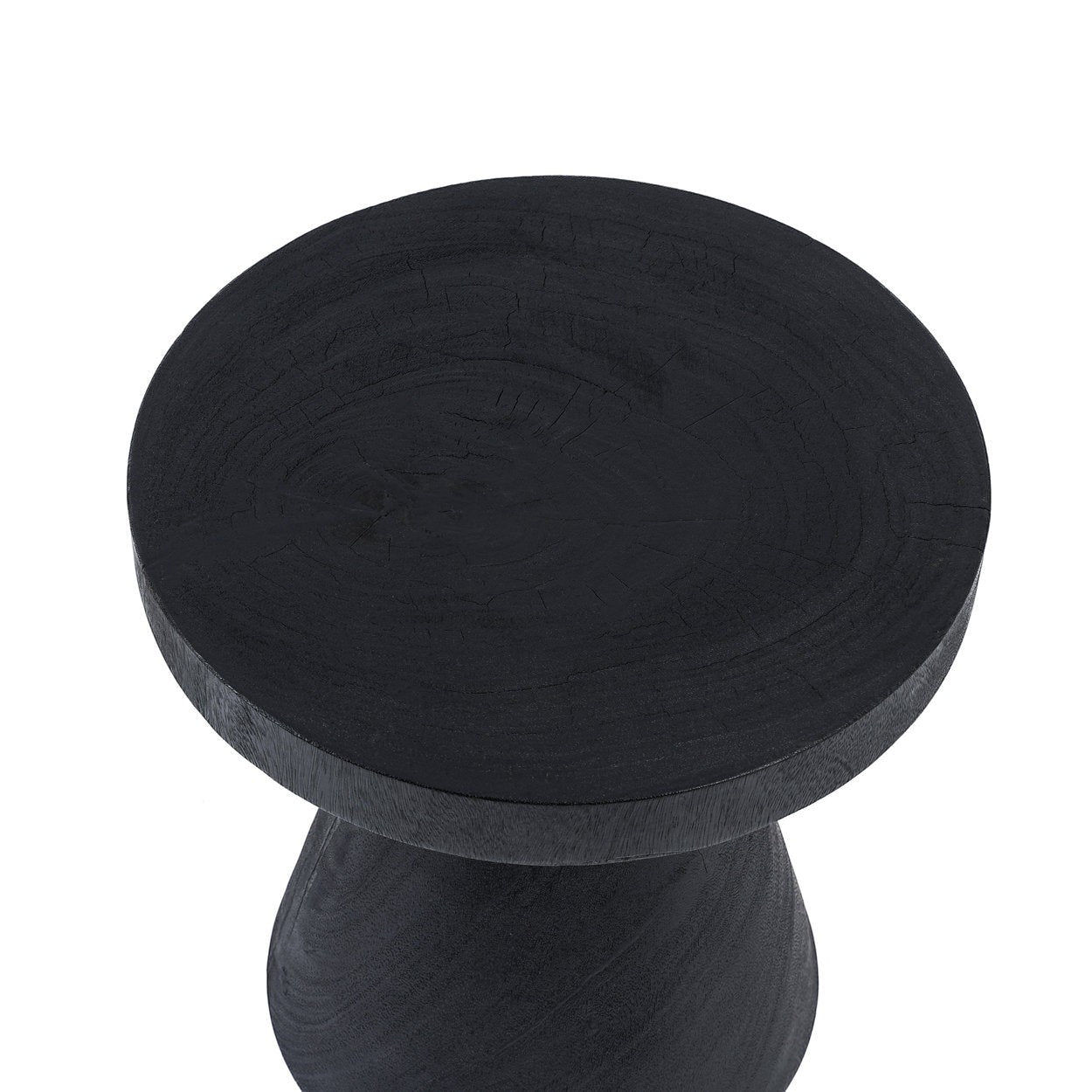 Kayu Living Gravity Side Table - Black suar wood, modern round top, pedestal base. 40x40x40cm.