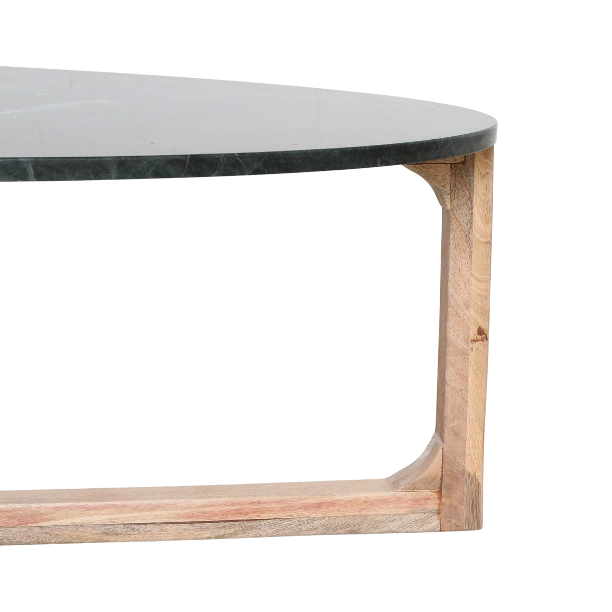 Kayu Living oval coffee table featuring a green marble top and a sustainable mango wood base