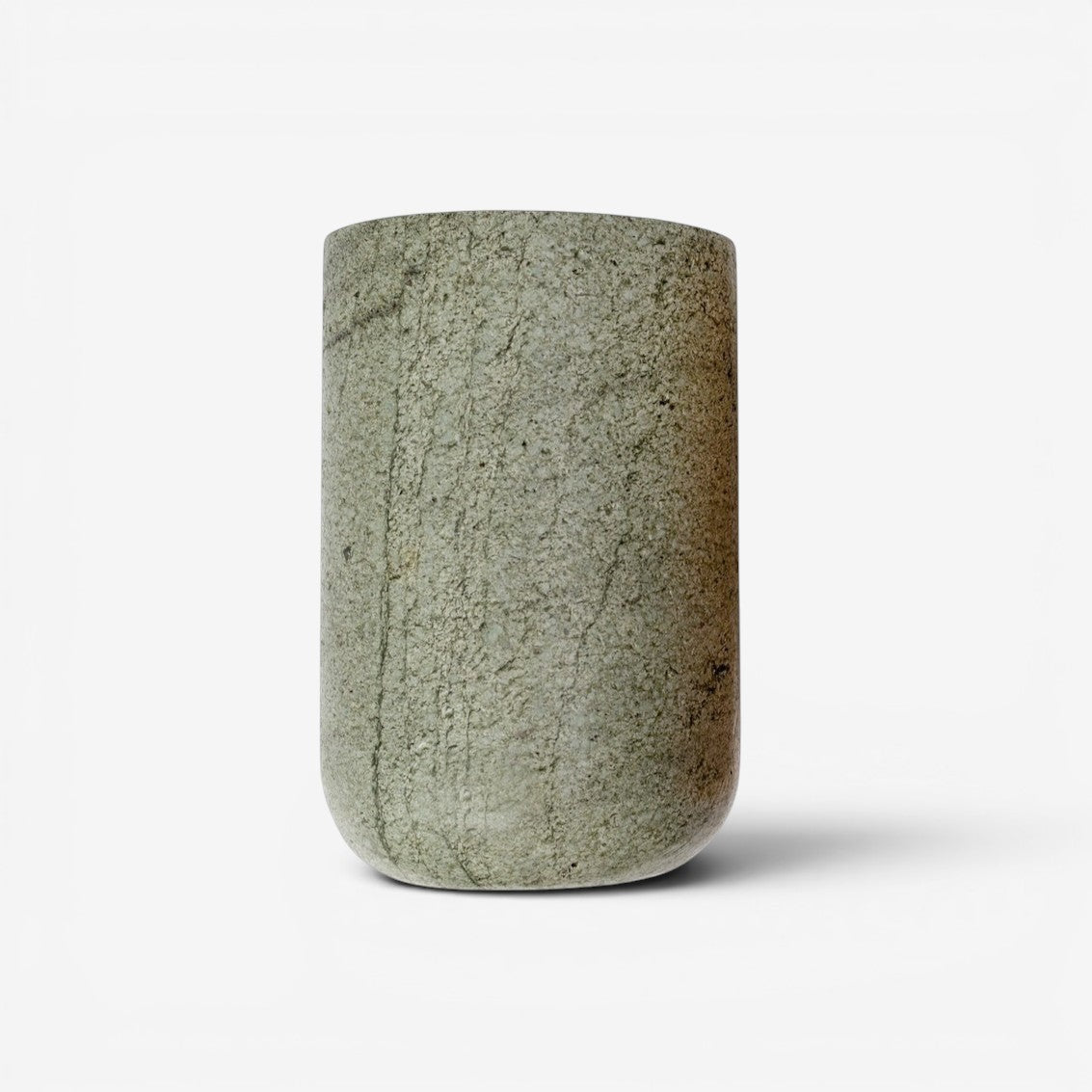 Kayu Living green onyx stone wine cooler and vase with unique veining. Handcrafted for organic character.