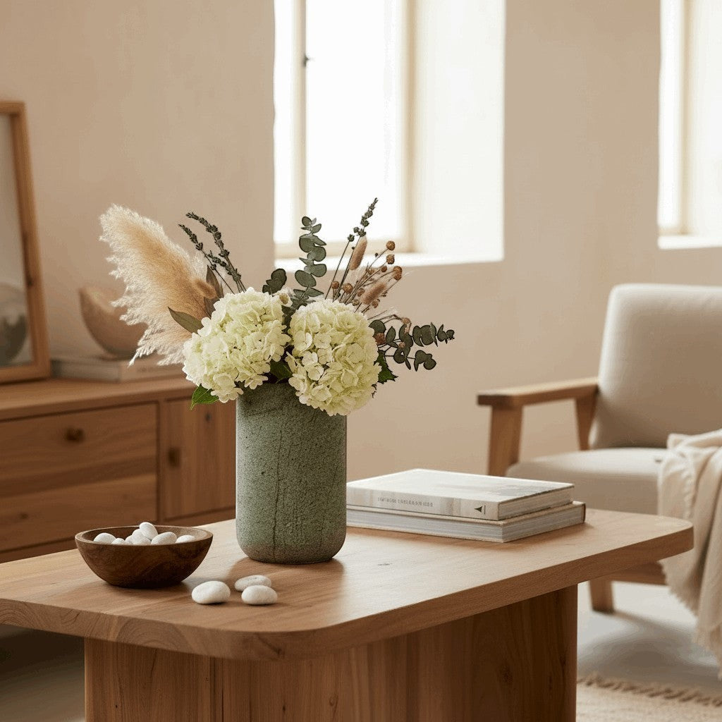 Kayu Living green handcrafted onyx stone wine cooler and vase with unique veining, holding white hydrangeas and dried florals.