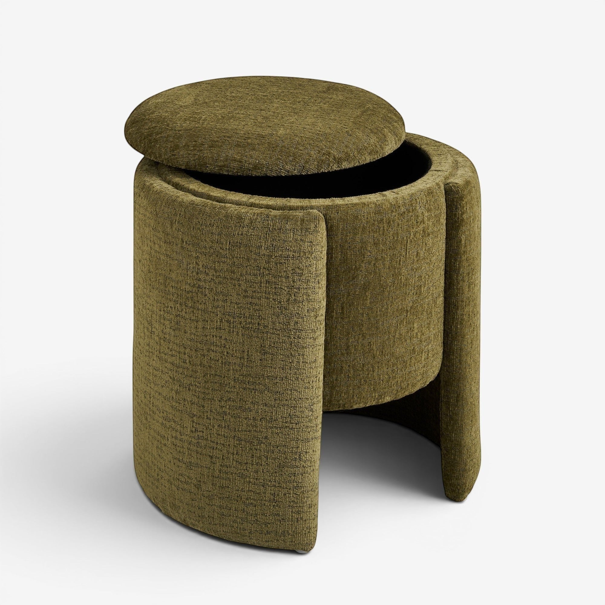 Kayu Living green round pouf with textured fabric upholstery and a lift-off lid, perfect for modern living rooms.