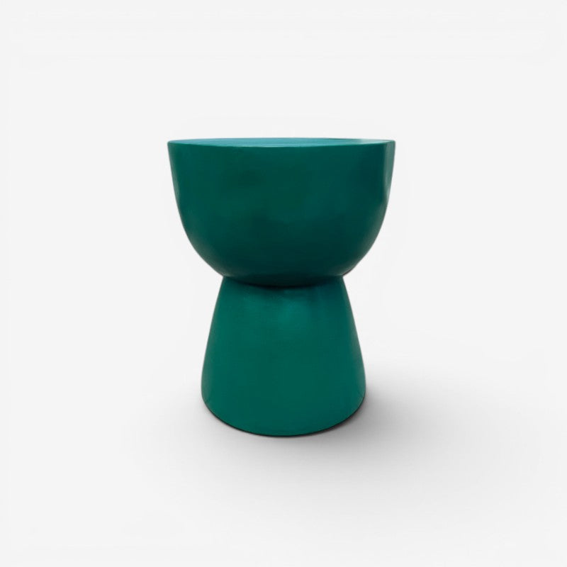 Kayu Living green suar wood half cupped Ubud stool, modern minimalist design, suitable as a seat or side table.