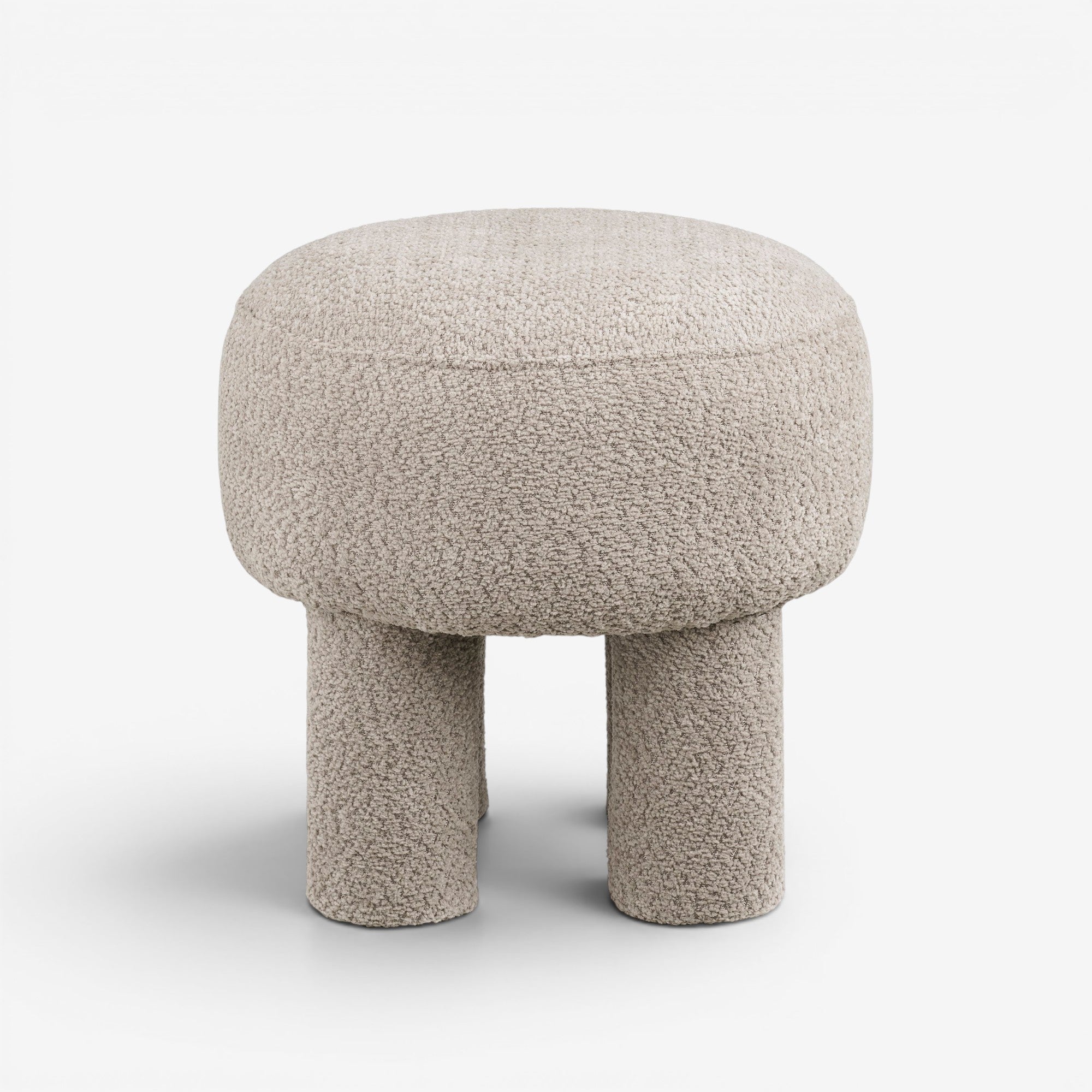Kayu Living light grey polyester pouf with four cylindrical legs, perfect for seating or footrest.