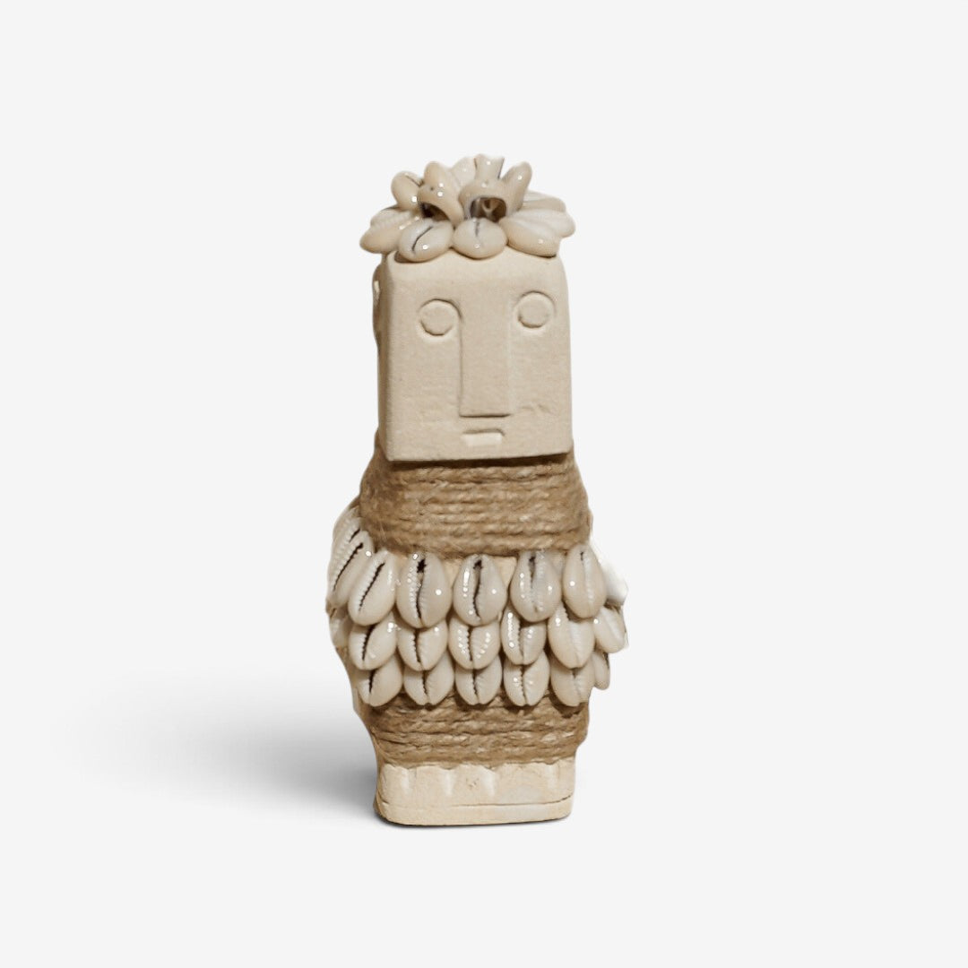 Kayu Living handmade boho stone figurine with shell and jute rope detailing, 17cm tall natural decorative sculpture.