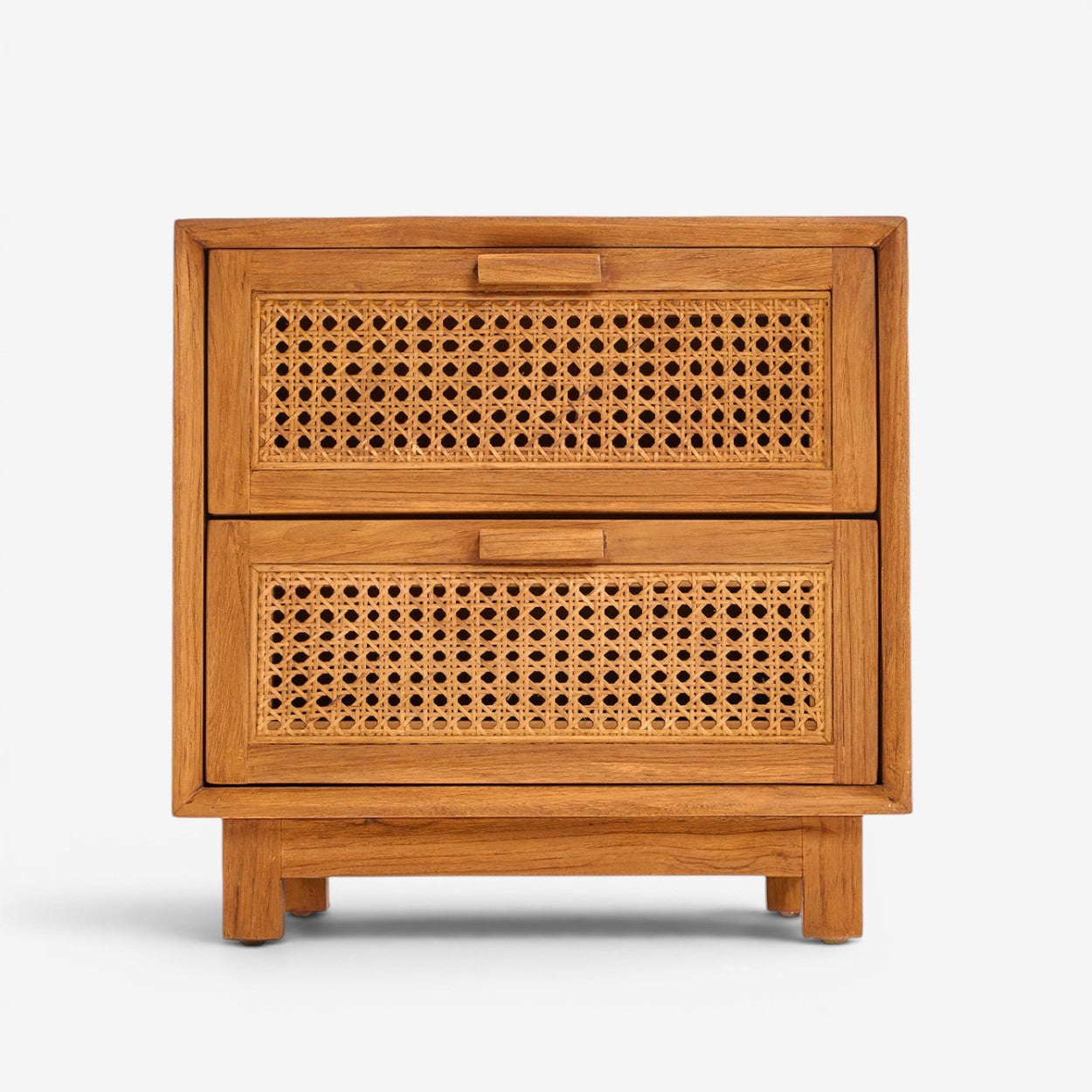 Kayu Living Harmony Nightstand in solid teak wood with two drawers featuring handwoven rattan cane detailing.