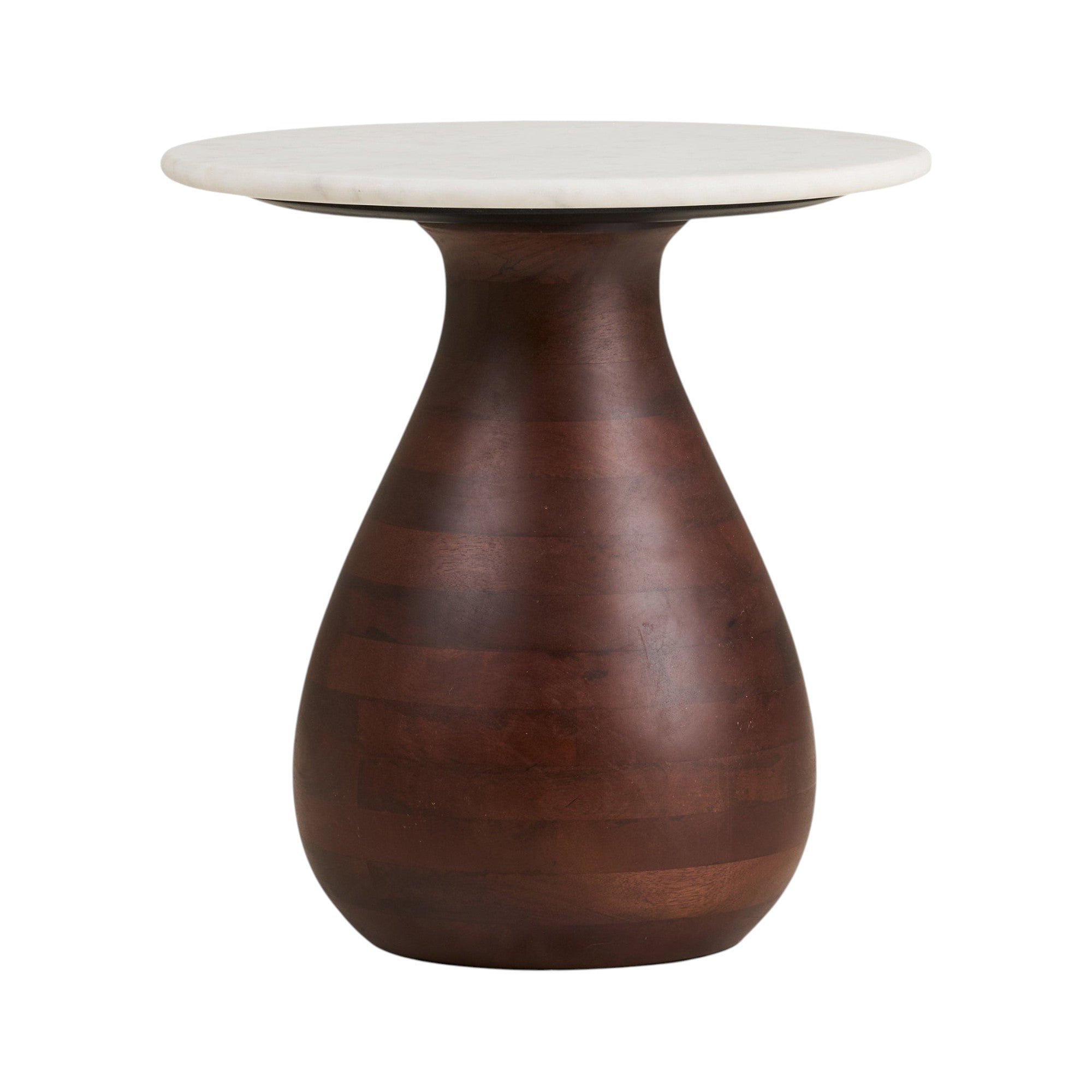 Kayu Living Heide side table featuring a dark brown mango wood pedestal base and a round white marble tabletop.