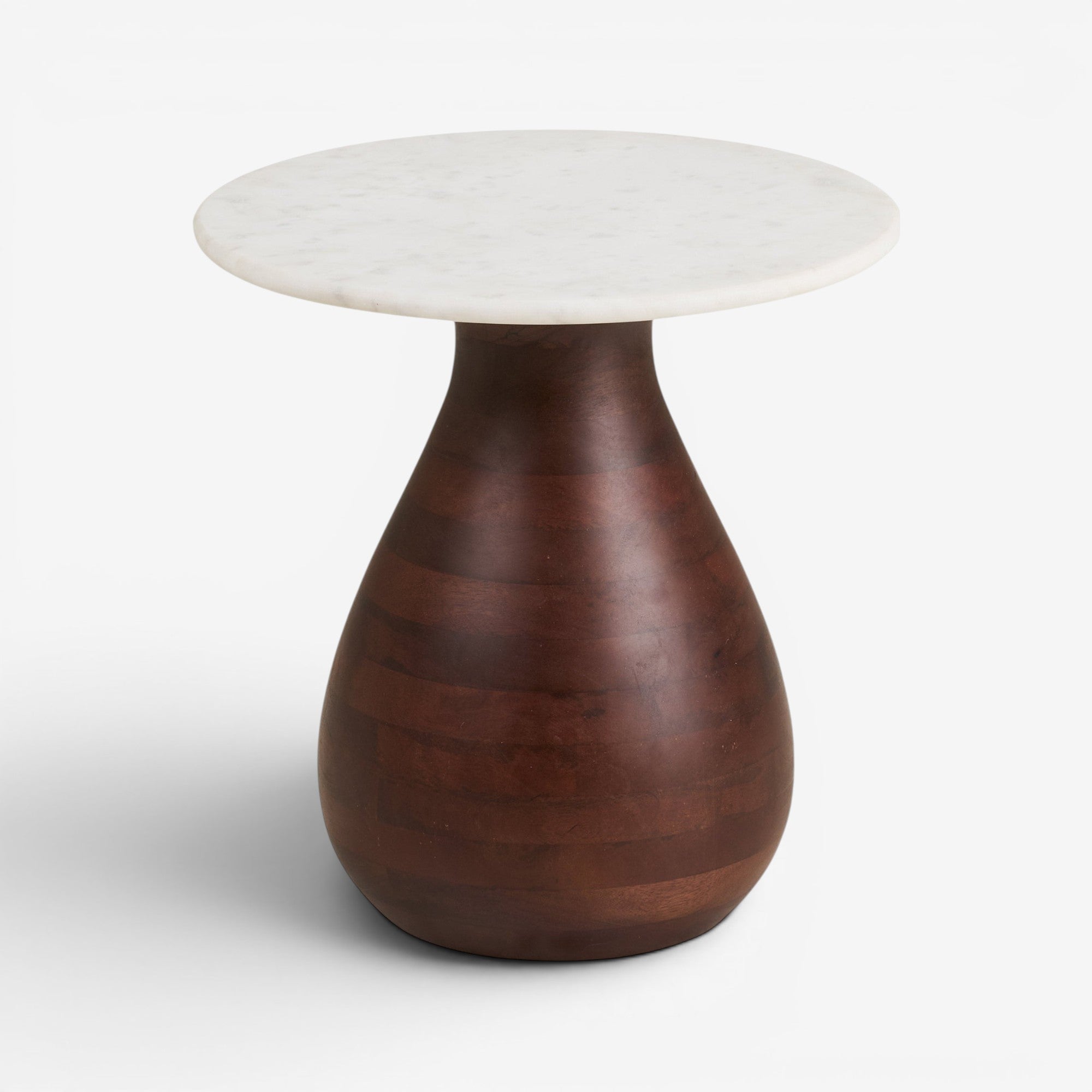 Kayu Living Heide side table featuring a round white marble top on a dark brown mango wood pedestal base.