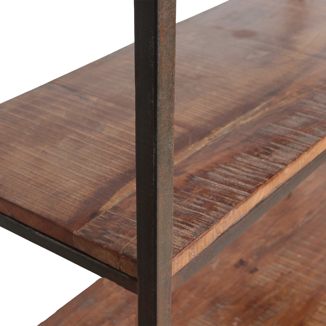 Kayu Living industrial tall rack featuring reclaimed brown hardwood shelves and a sturdy dark iron frame detail.