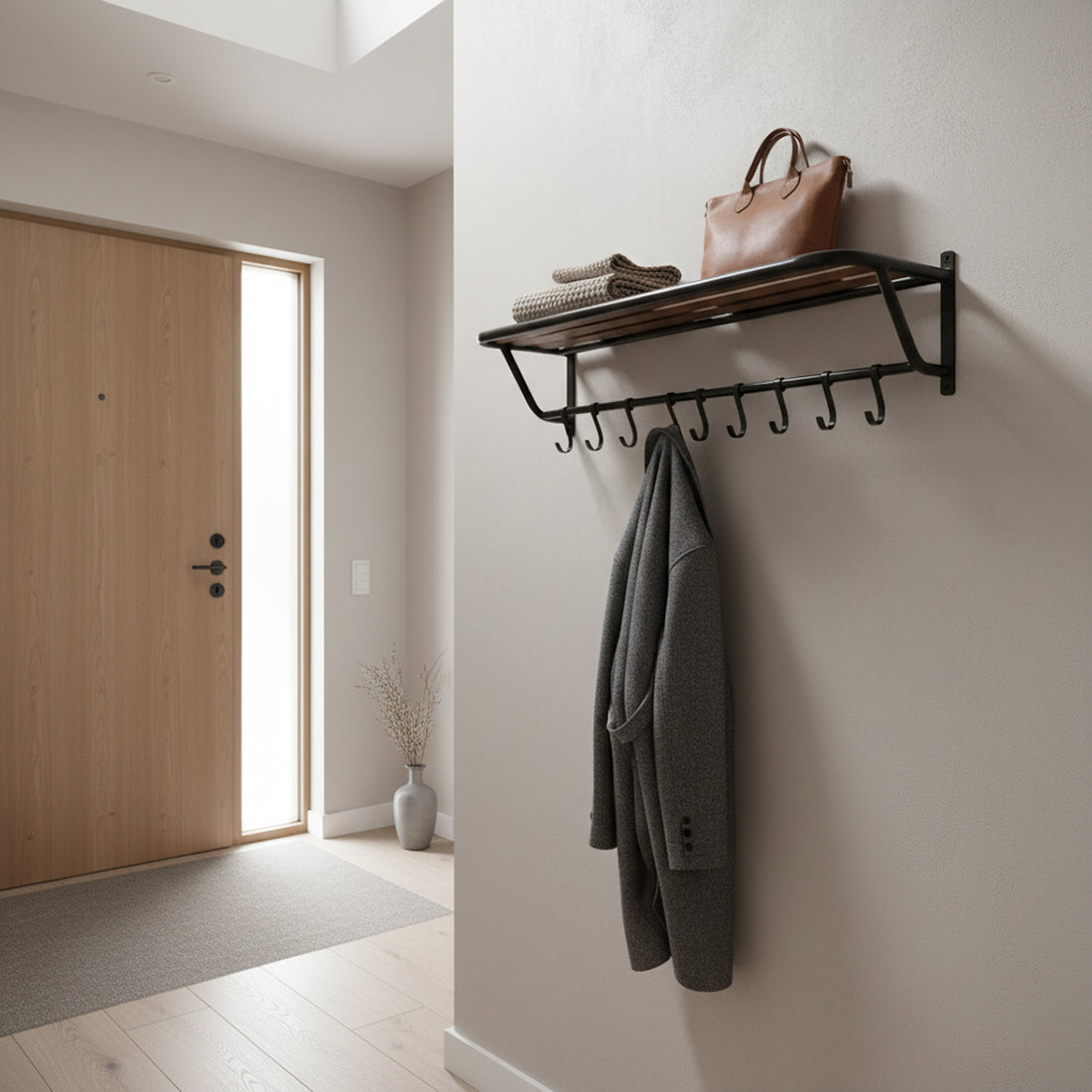 Kayu Living industrial wall-mounted coat rack with recycled wood shelf and eight black metal hooks in a hallway.