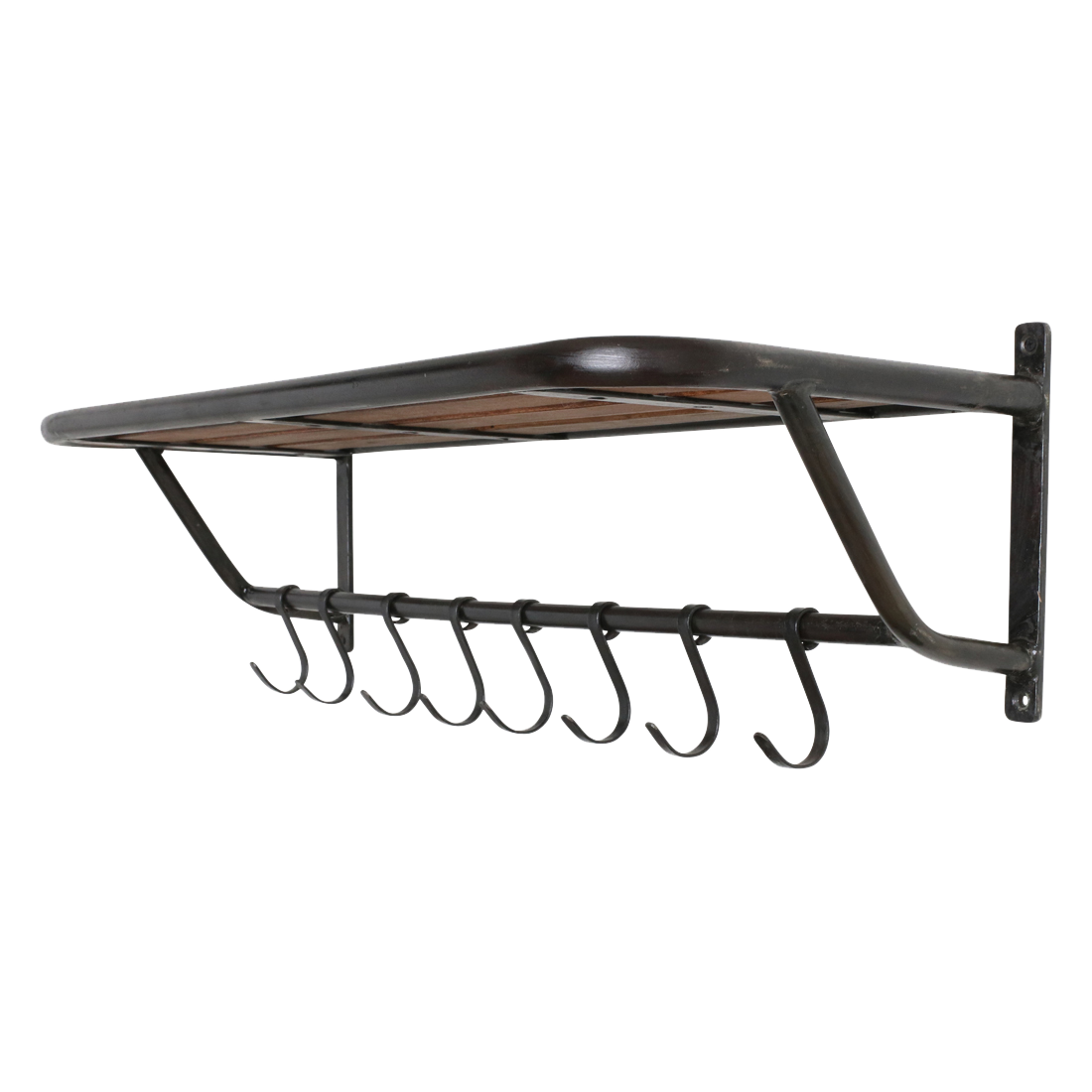 Kayu Living industrial wall-mounted coat rack with a black metal frame, wooden hat shelf, and eight sturdy hooks.