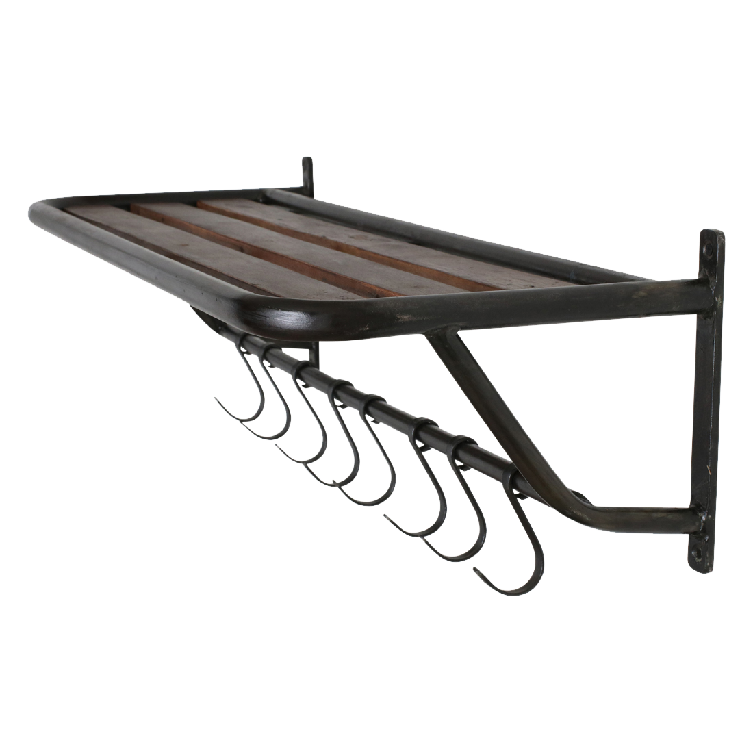 Kayu Living wall-mounted industrial coat rack with a recycled wood shelf and black metal frame with eight hooks.