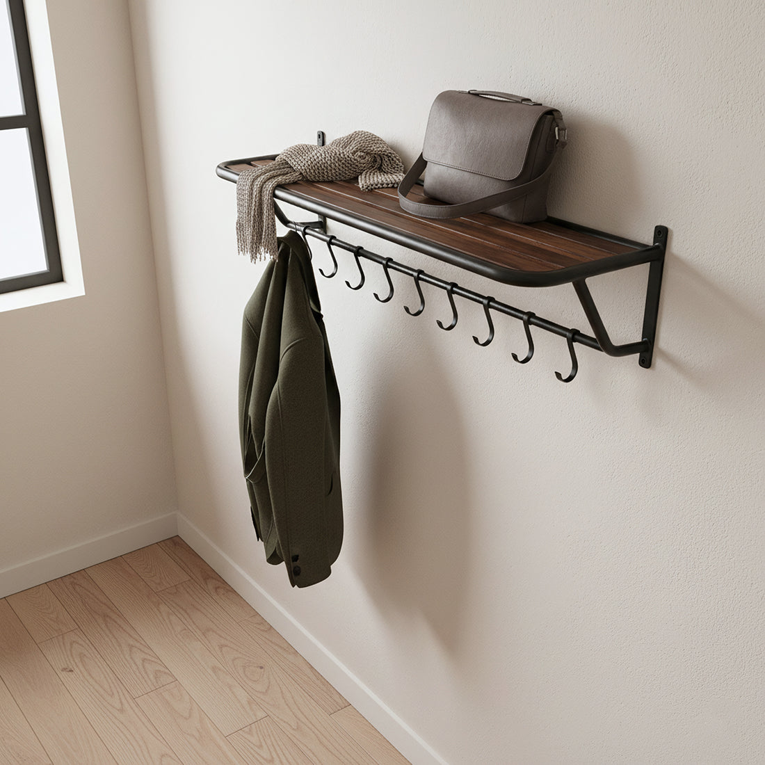 Kayu Living industrial wall-mounted coat rack with recycled wood shelf and eight black metal hooks in a hallway.