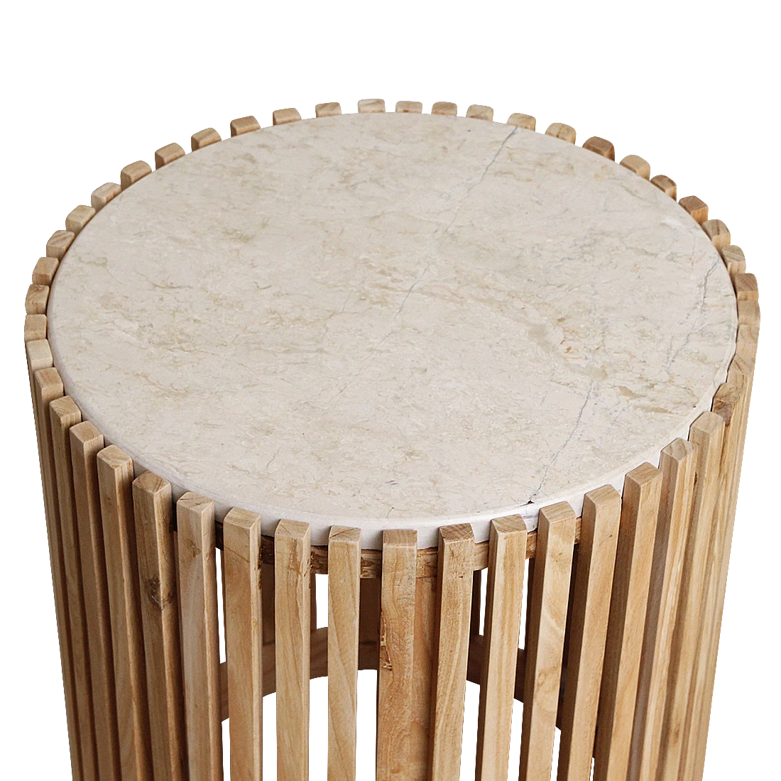 Kayu Living Infinity round side table with a natural marble top and slatted Sungkai wood base on a black background.