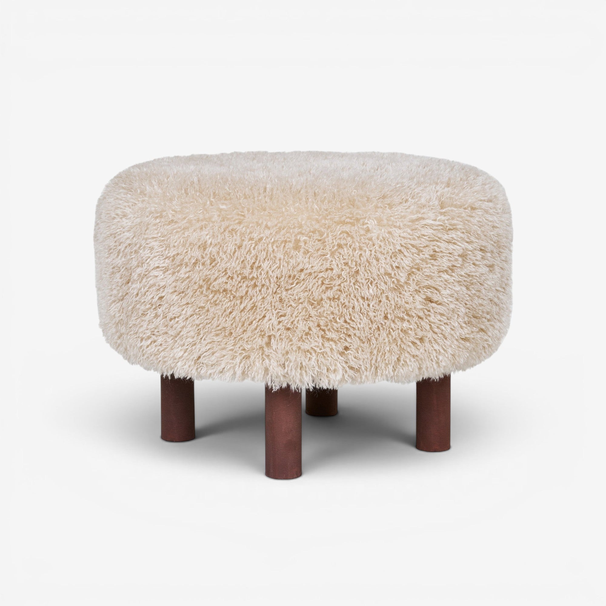 Kayu Living Inverness Pouf, cream boucle upholstery, round ottoman with four wooden legs, versatile as seating or footrest.