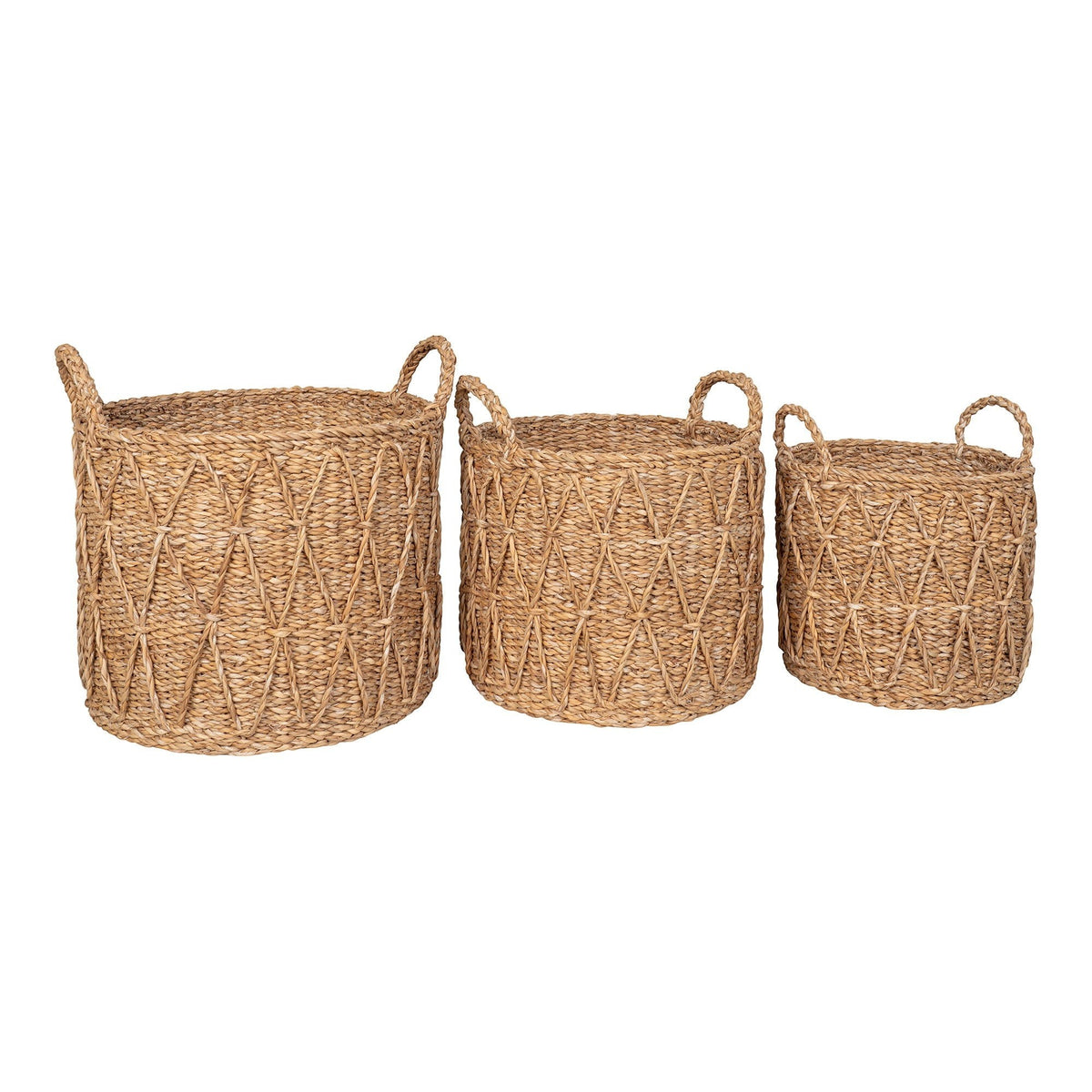 Kayu Living Krabi set of 3 handcrafted natural seagrass storage baskets with woven diamond patterns and side handles.