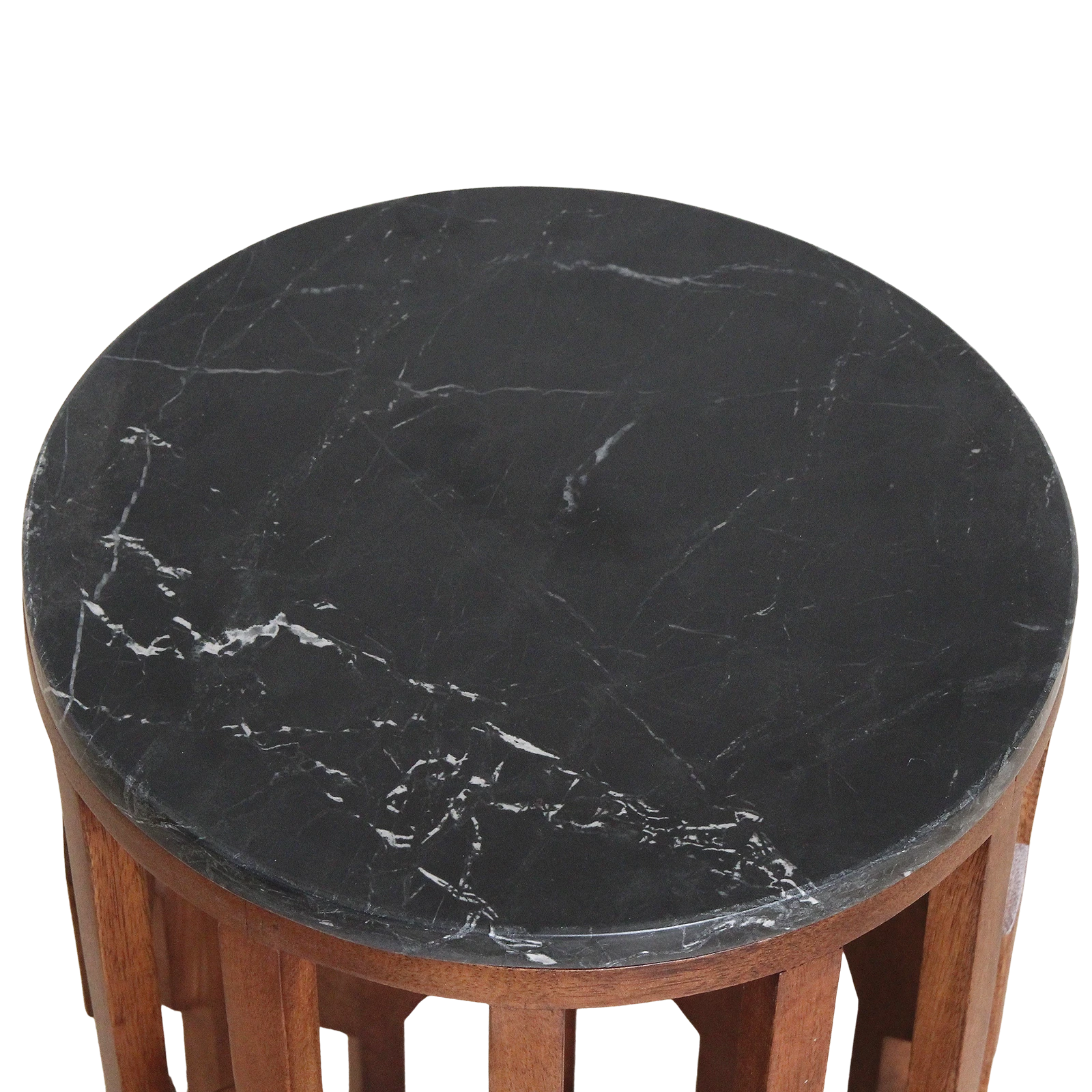 Kayu Living Lampung side table with a round black marble top and dark mango wood base, top-down view.