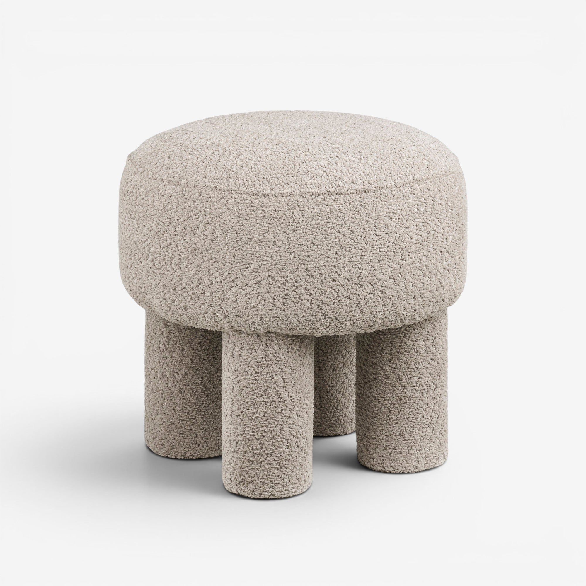 Kayu Living light grey polyester pouf with four cylindrical legs, perfect for extra seating or footrest.