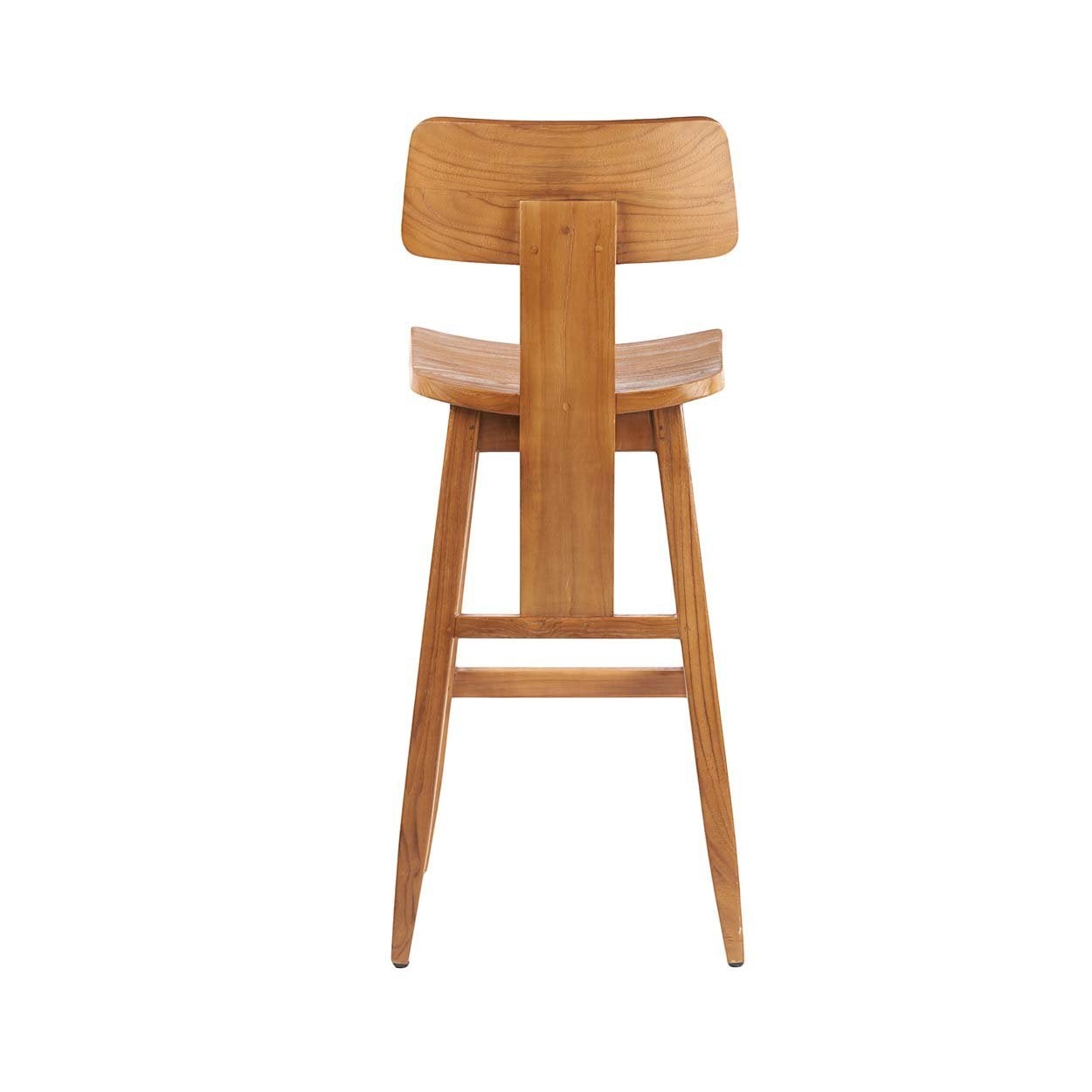 Kayu Living The LovYa barstool in natural Indonesian teak wood with a modern minimalist backrest and sturdy frame.