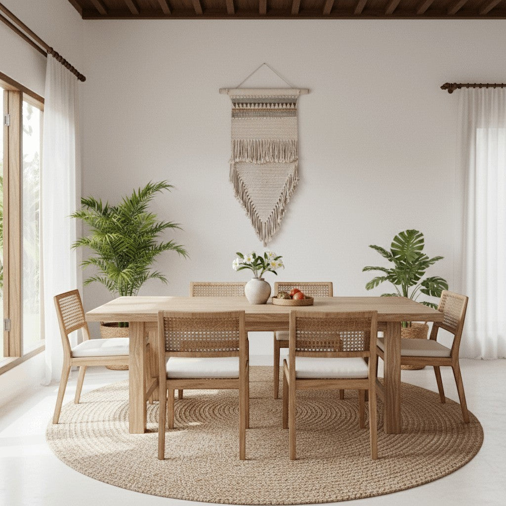 Kayu Living macrame wall hanging with fringe, beads, and shells in neutral tones, 100x55 cm.