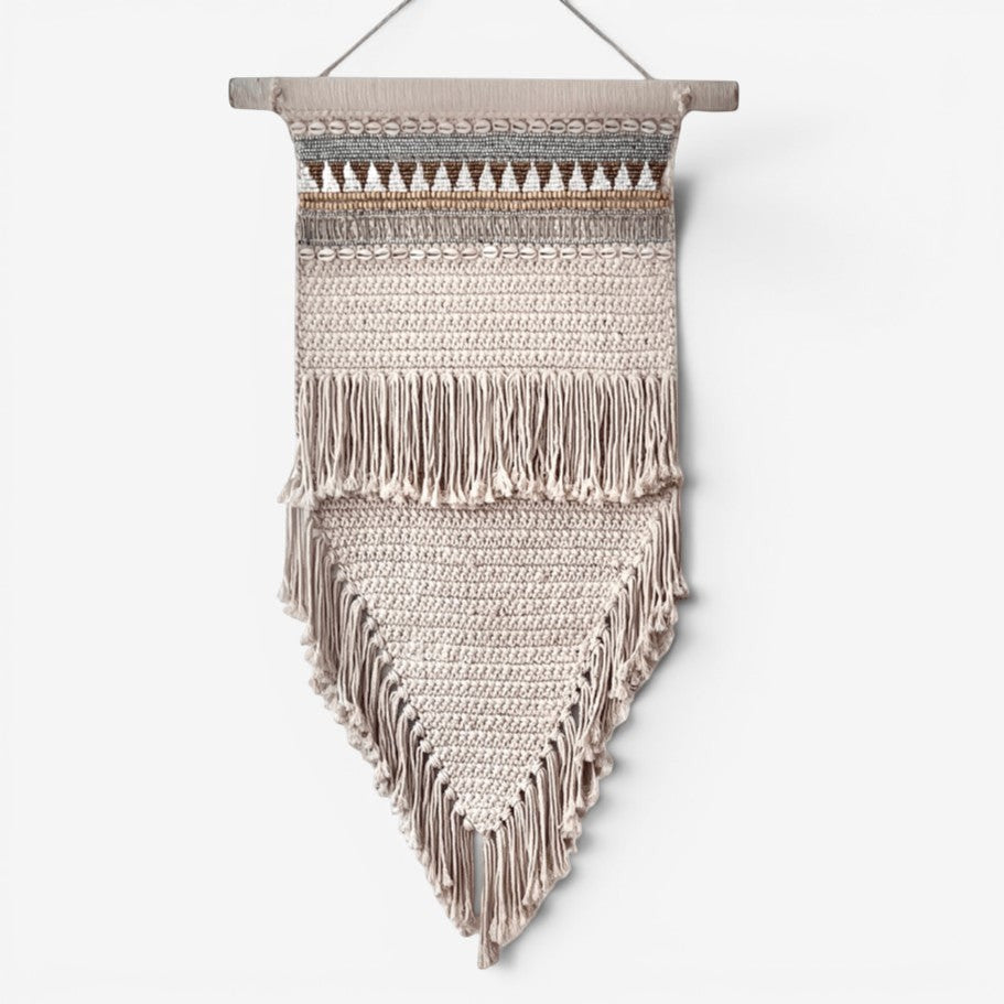 Kayu Living macrame wall hanging with beads and shells, beige crochet with fringe detail, 100x55 cm