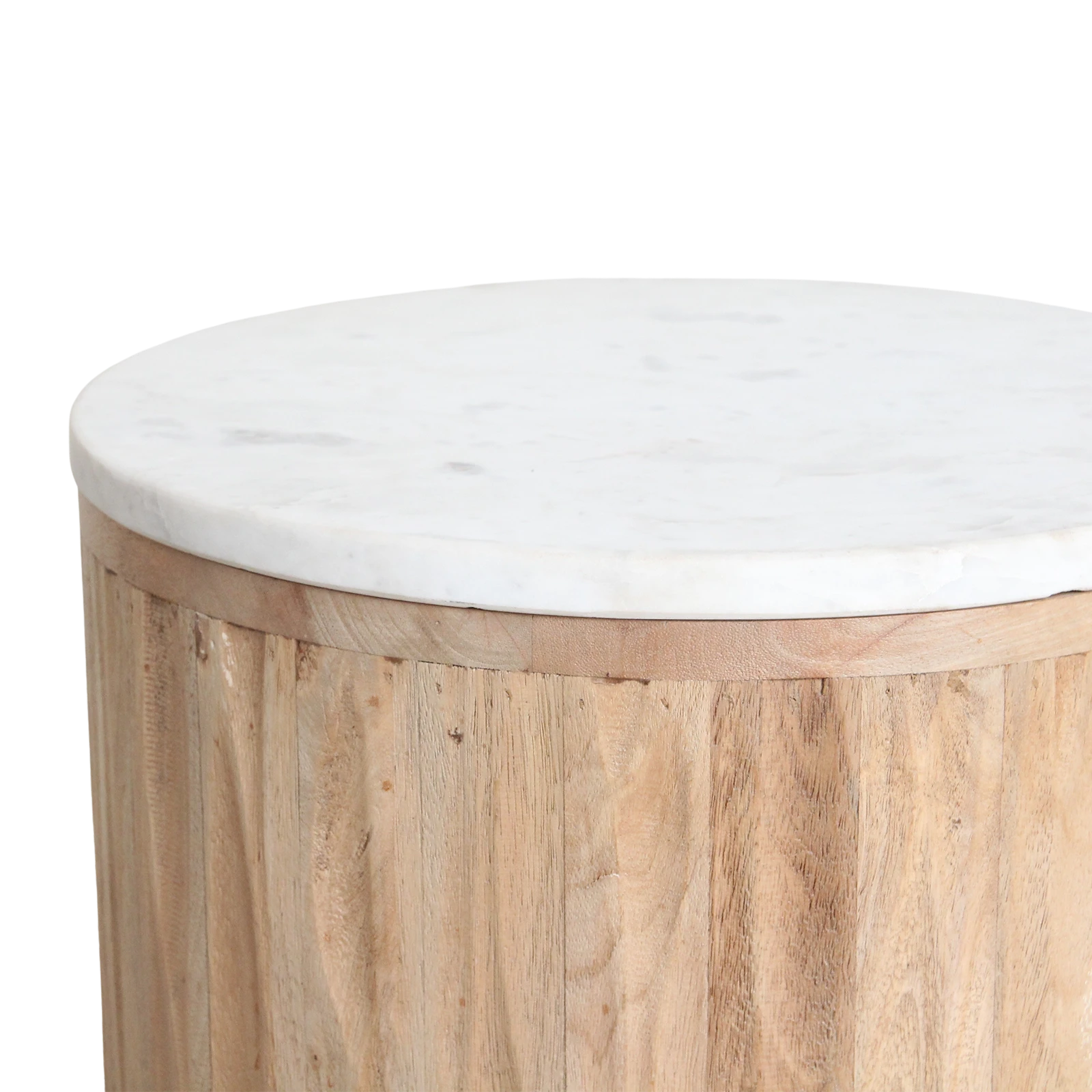 Kayu Living Malakka side table with a round white marble top and a carved cylindrical mango wood base
