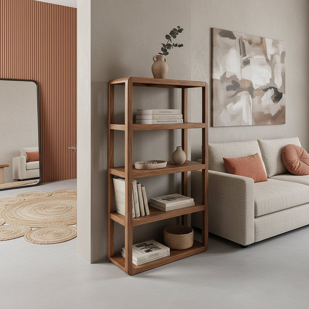 Kayu Living bullnose mango wood shelving unit with five tiers in a modern neutral living room setting.