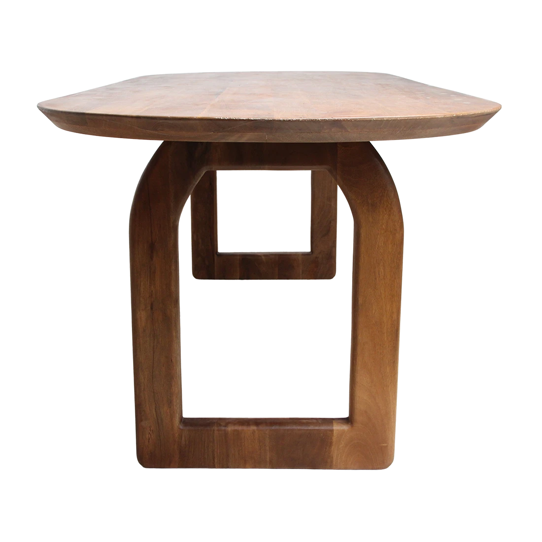 Kayu Living bullnose dining table in natural mango wood with a rounded oval top and unique open base design.