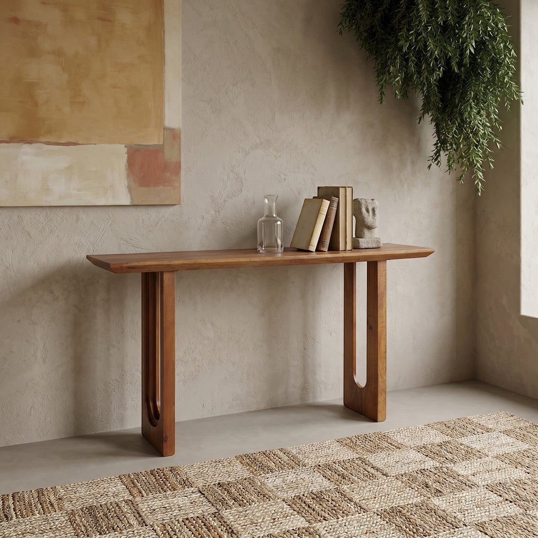 Kayu Living solid mango wood console table with chamfered edges and unique grain in a minimalist hallway setting.