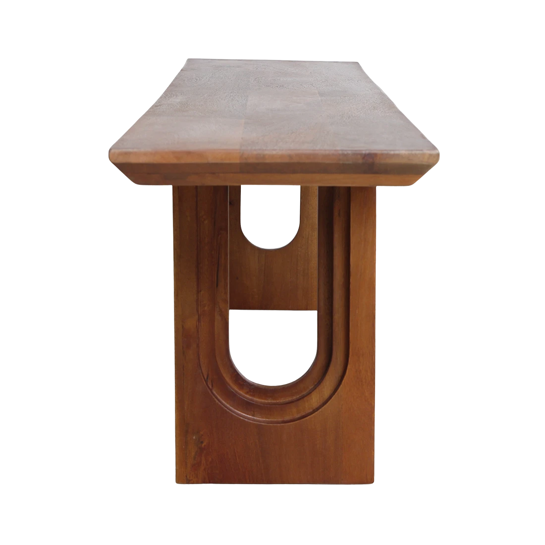 Kayu Living 180cm mango wood dining bench with bullnose chamfered edges and a unique architectural base