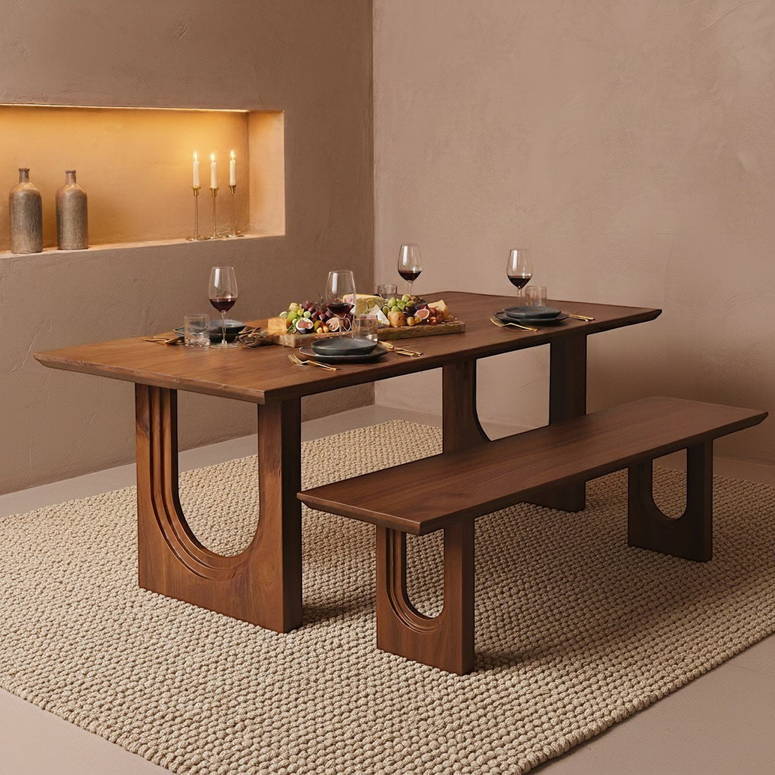 Kayu Living 180cm mango wood dining bench with chamfered edges and U-shaped base in a warm, minimalist dining room.