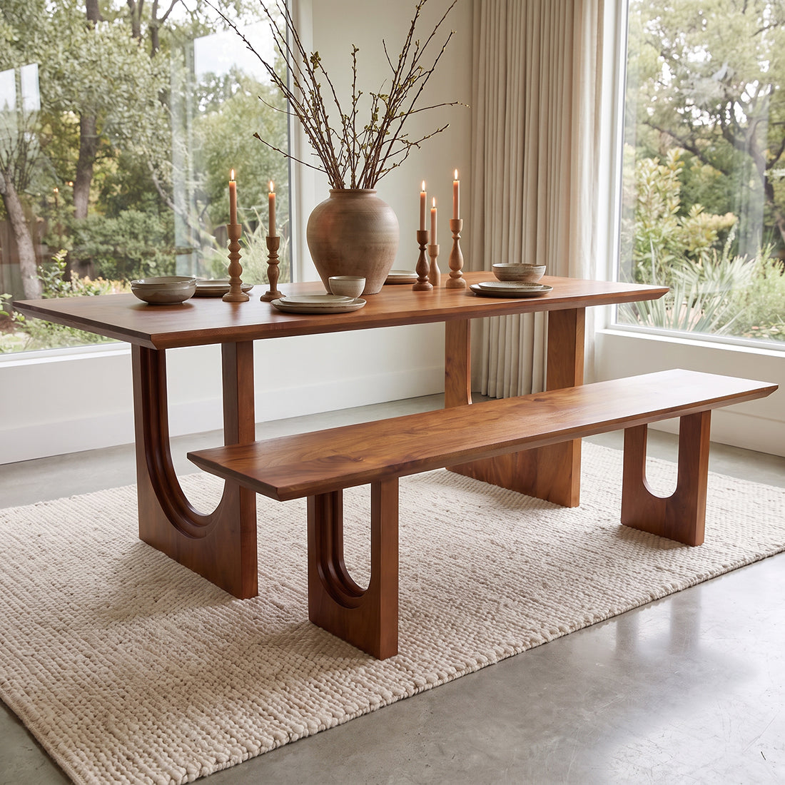 Kayu Living 180cm mango wood dining bench with rounded chamfered edges in a bright, modern dining room setting.