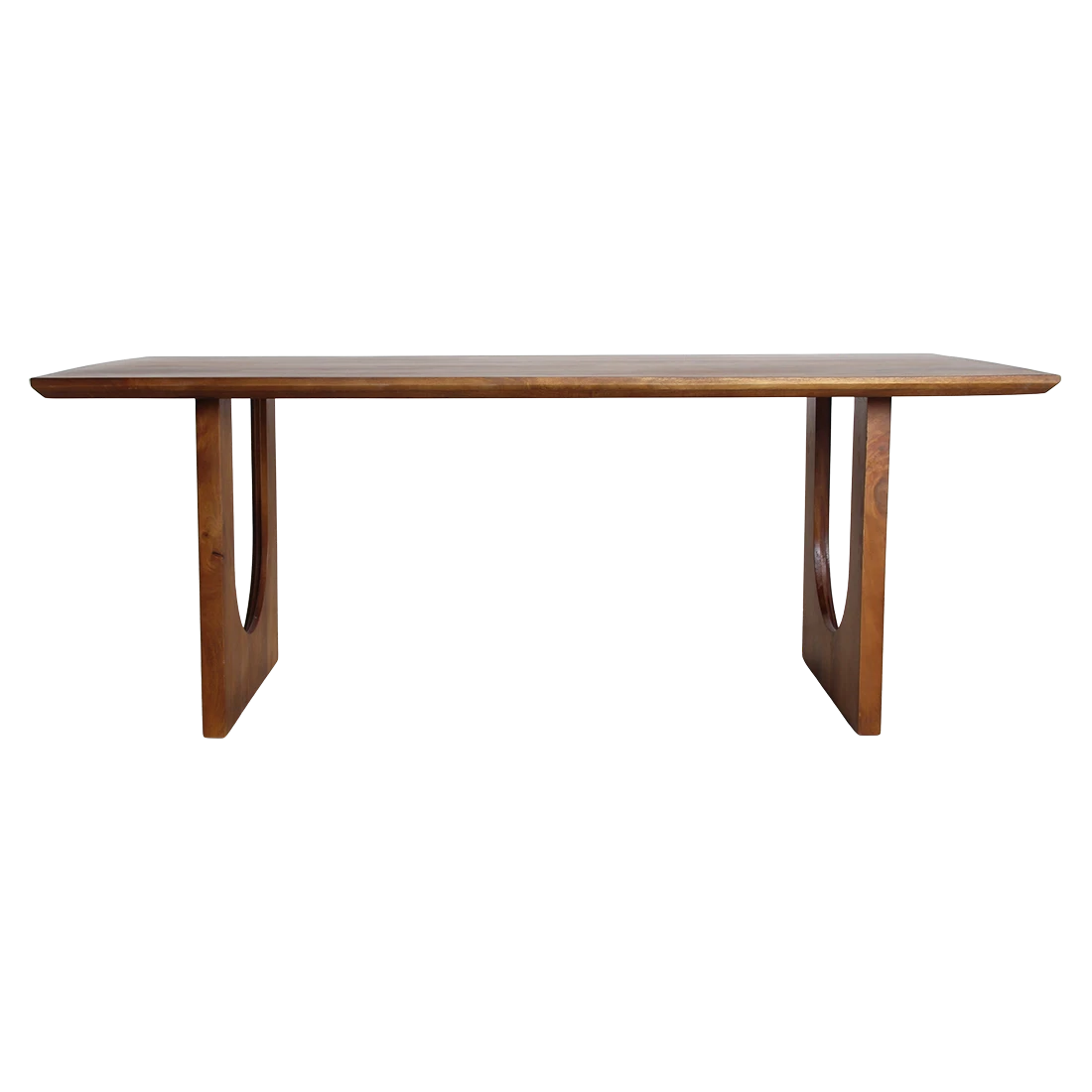 Kayu Living 200cm reclaimed mango wood dining table with bullnose chamfered edges and unique arched pedestal base.