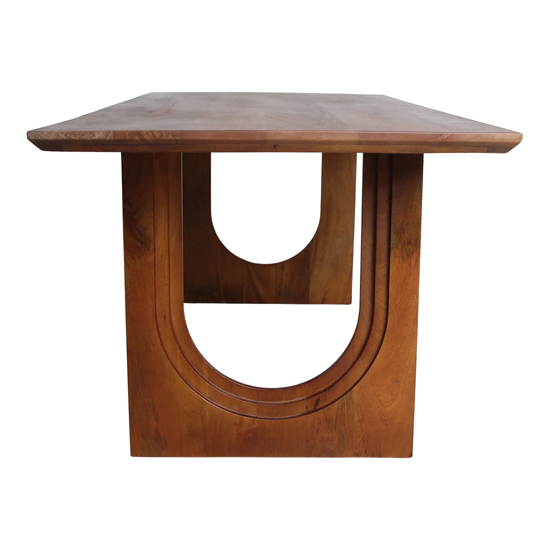 Kayu Living 180cm dining table made of reclaimed mango wood with a bullnose edge and unique U-shaped pedestal base.