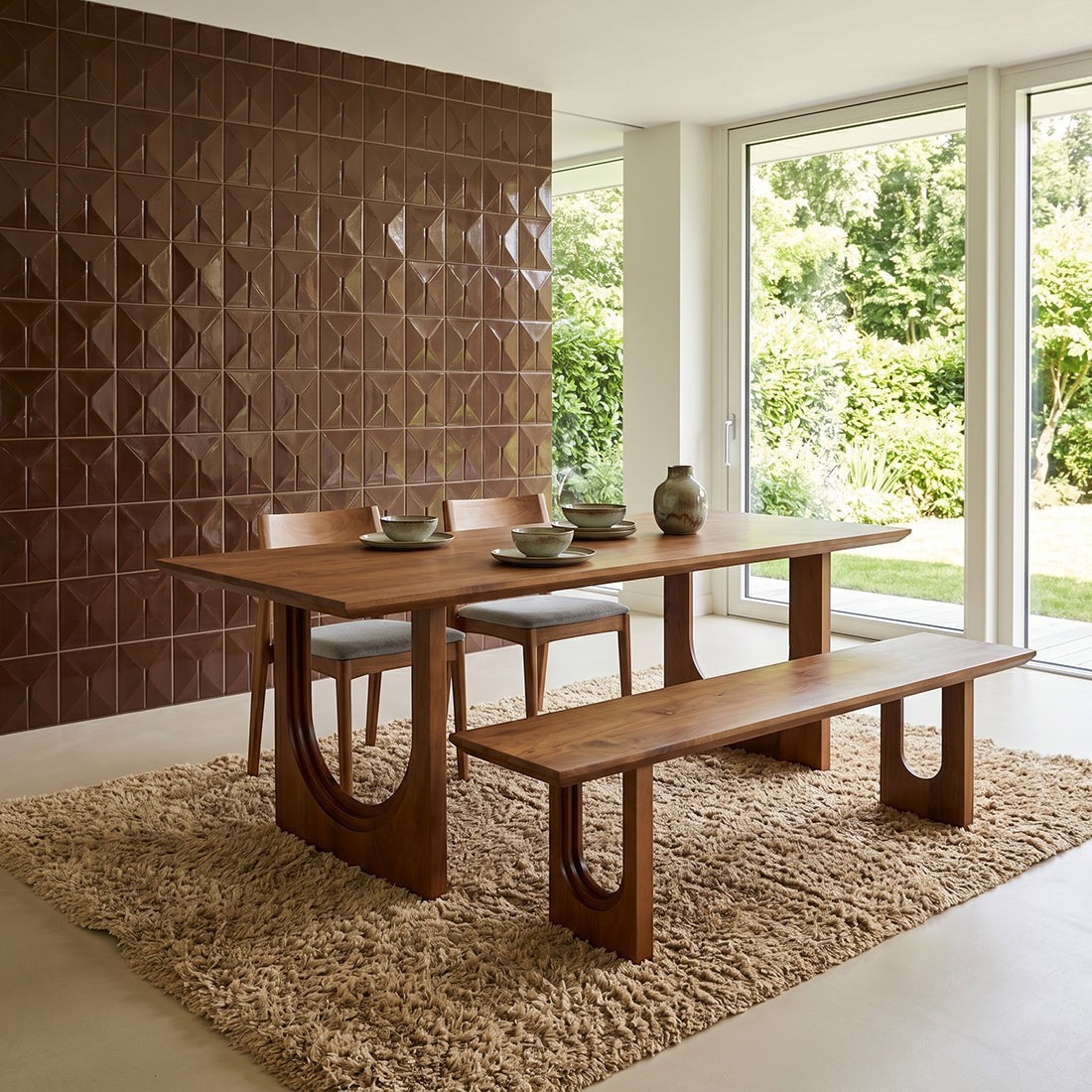 Kayu Living 240cm bullnose chamfered mango wood dining table with matching bench in a modern sunlit dining room