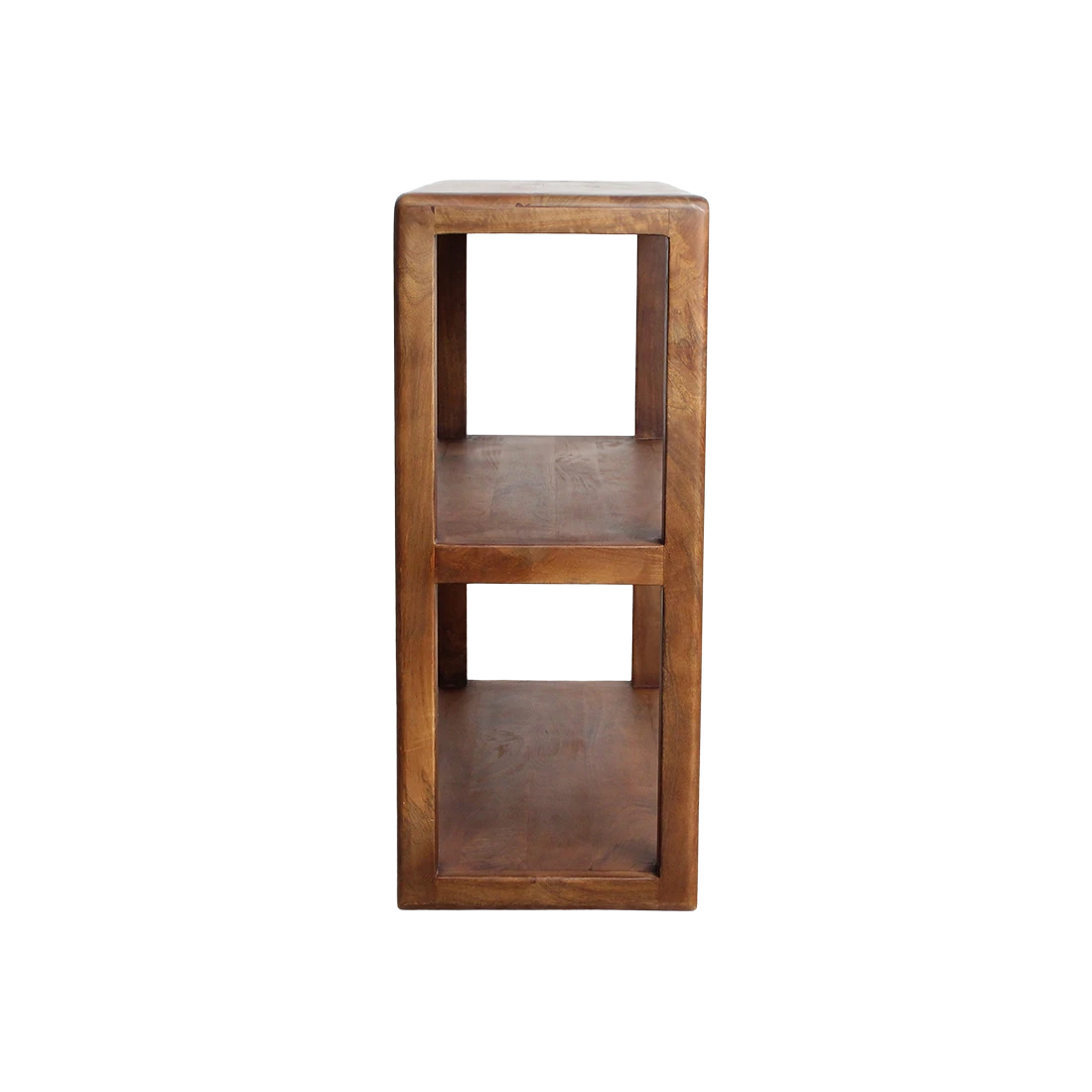 Kayu Living 3-tier bullnose mango wood rack with a natural grain finish, shown from a side profile view.