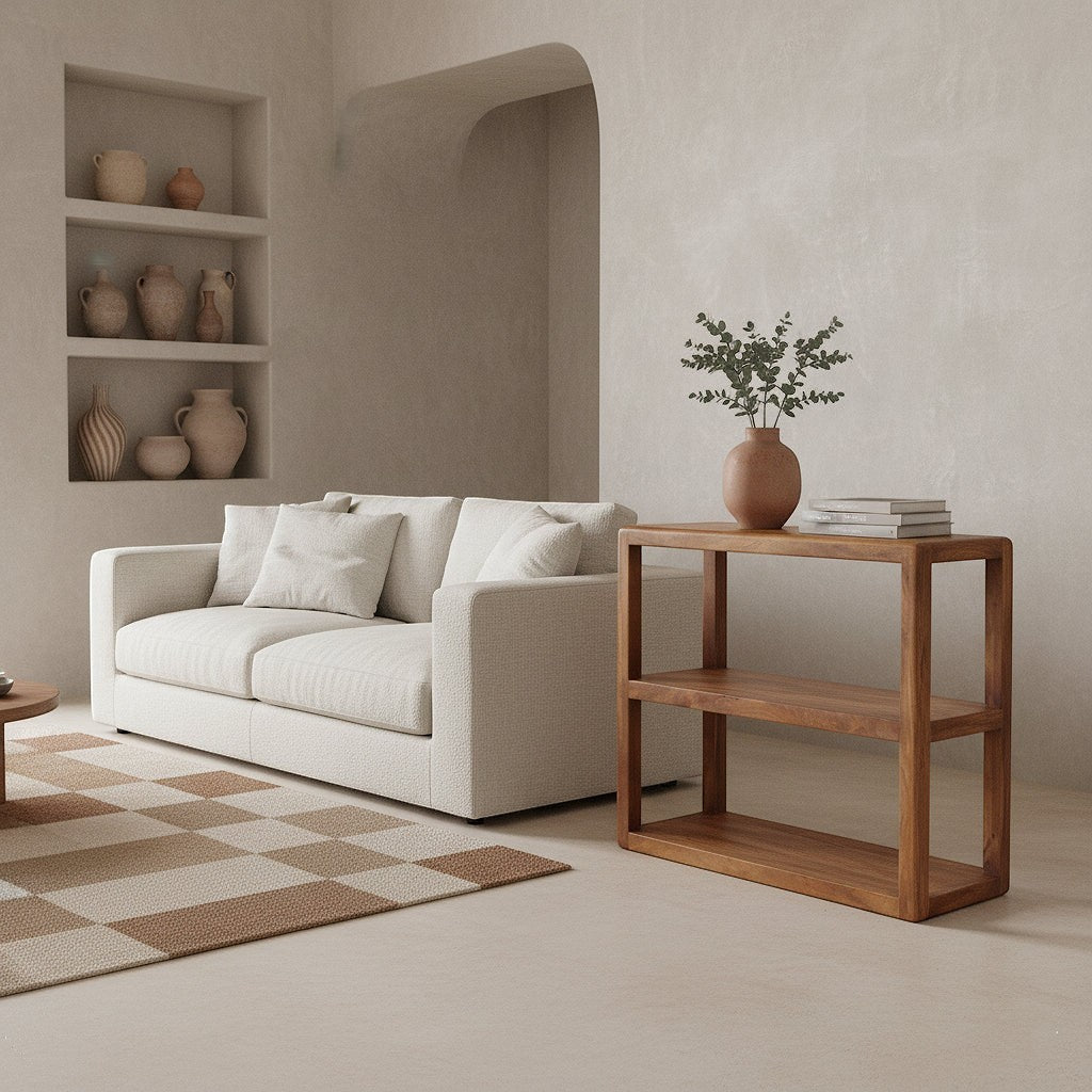 Kayu Living 3-tier bullnose mango wood rack in a minimalist living room with a beige sofa and checkered rug.