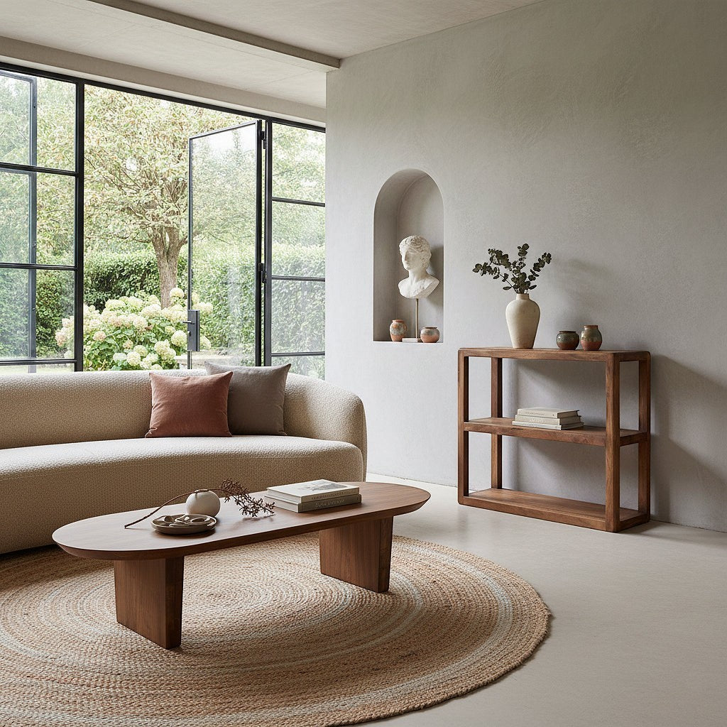 Kayu Living 3-tier bullnose mango wood rack in a bright, modern living room with a sofa and coffee table.