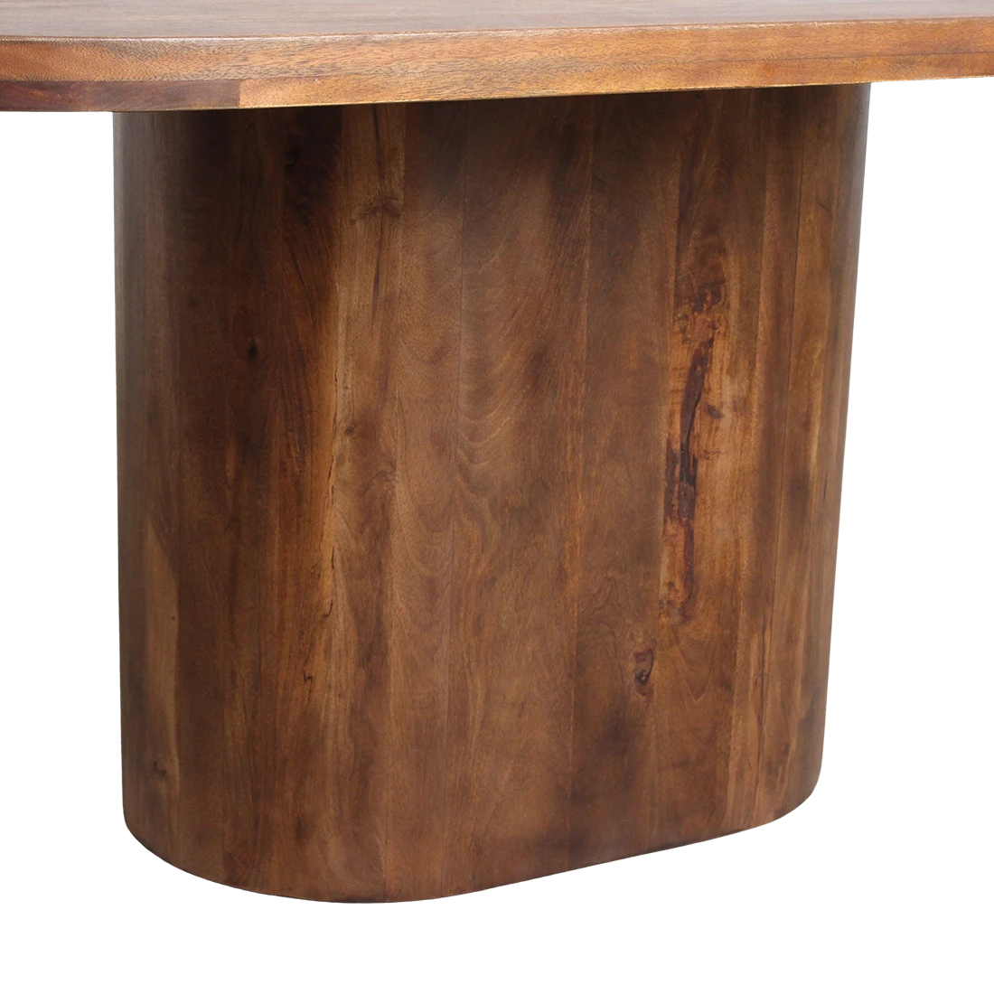Kayu Living bullnose oblong dining table base made of solid mango wood with a natural grain finish.