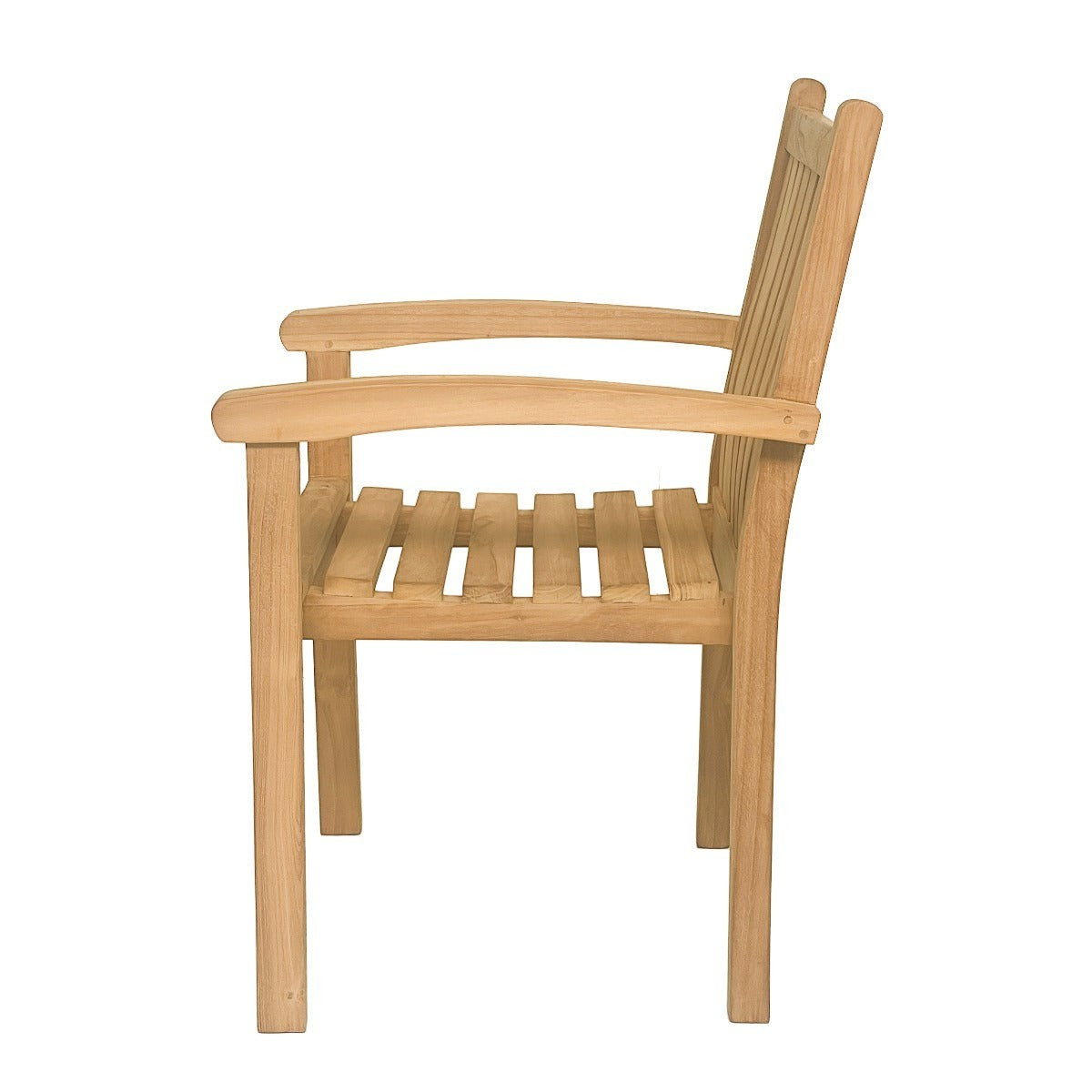 Kayu Living Marco teak wood outdoor armchair with a slatted seat and backrest, shown from a side profile view.